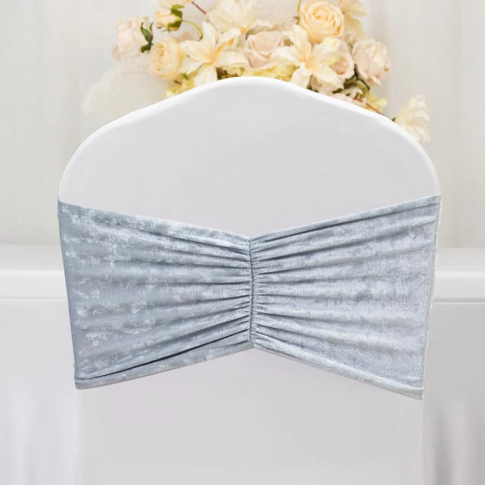 5 Pack Crushed Velvet Chair Sashes Dusty Blue, Wide Ruffle Style Textured Decorative Chair Bands - 8"x15" - Image 9