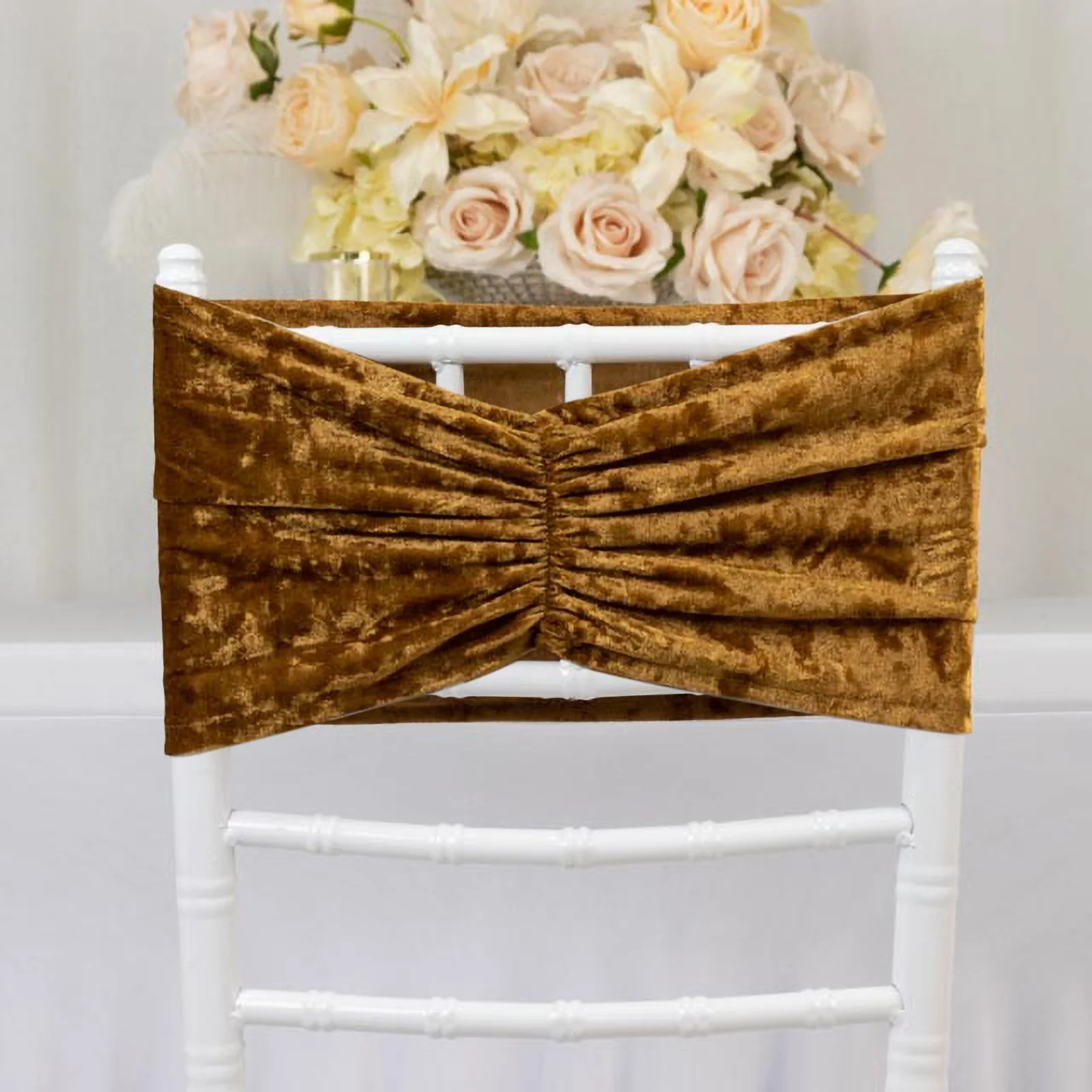5 Pack Crushed Velvet Chair Sashes Gold, Wide Ruffle Style Textured Decorative Chair Bands - 8"x15"
