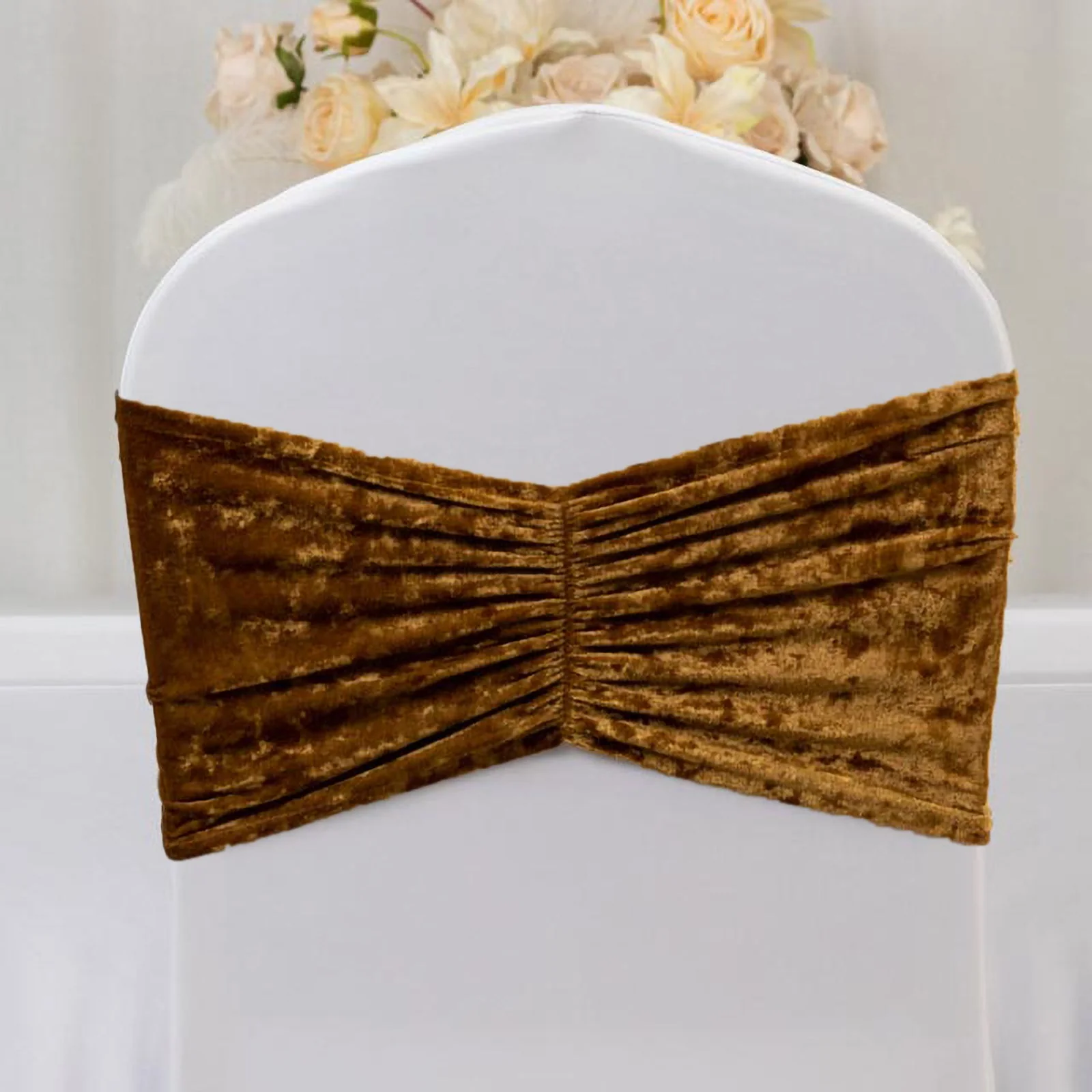 5 Pack Crushed Velvet Chair Sashes Gold, Wide Ruffle Style Textured Decorative Chair Bands - 8"x15" - Image 9