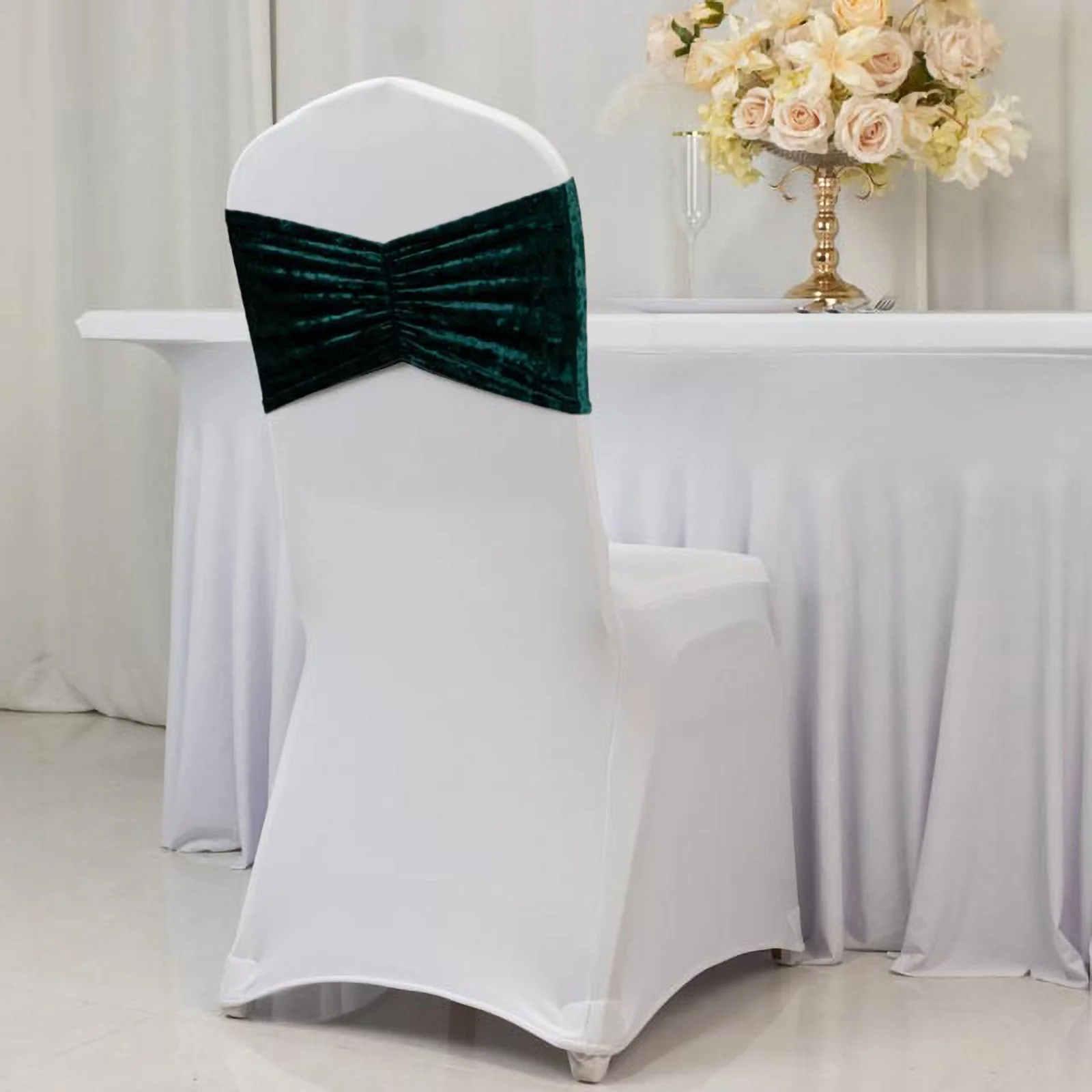 5 Pack Crushed Velvet Chair Sashes Hunter Emerald Green, Wide Ruffle Style Textured Decorative Chair Bands - 8"x15" - Image 2