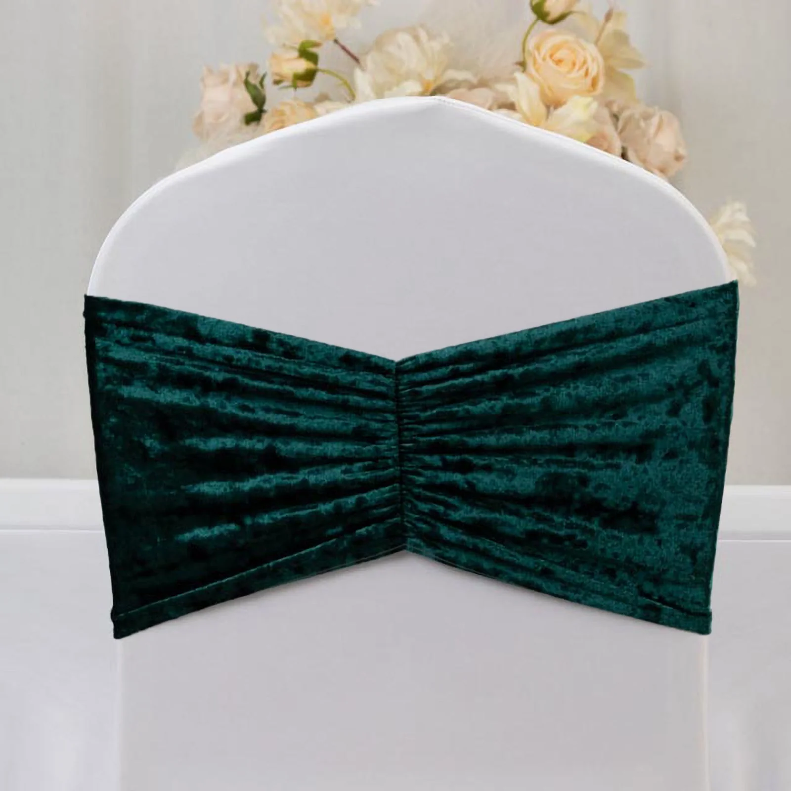 5 Pack Crushed Velvet Chair Sashes Hunter Emerald Green, Wide Ruffle Style Textured Decorative Chair Bands - 8"x15" - Image 9