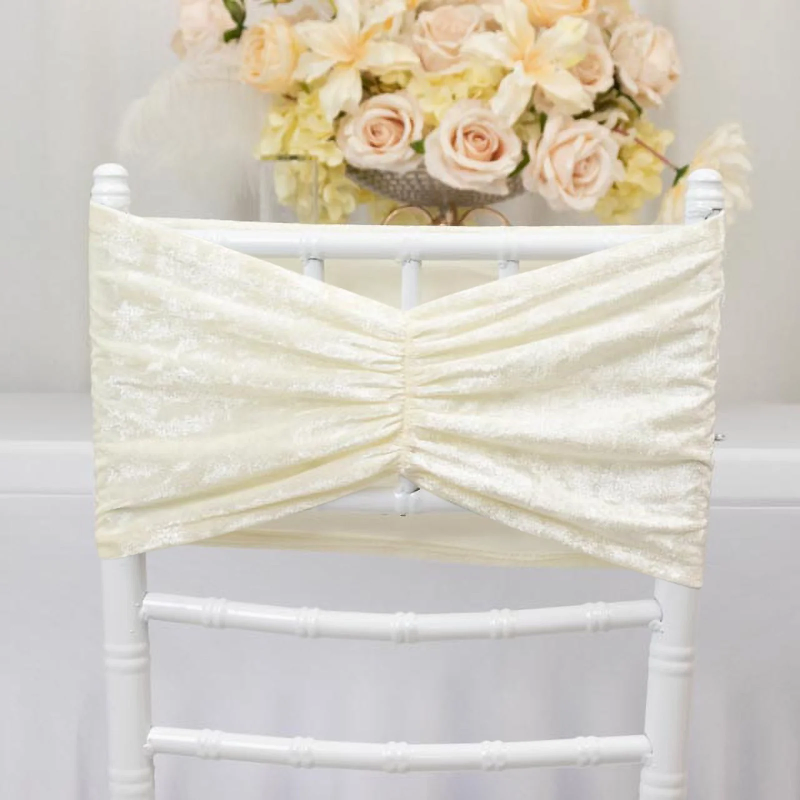 5 Pack Crushed Velvet Chair Sashes Ivory, Wide Ruffle Style Textured Decorative Chair Bands - 8"x15"