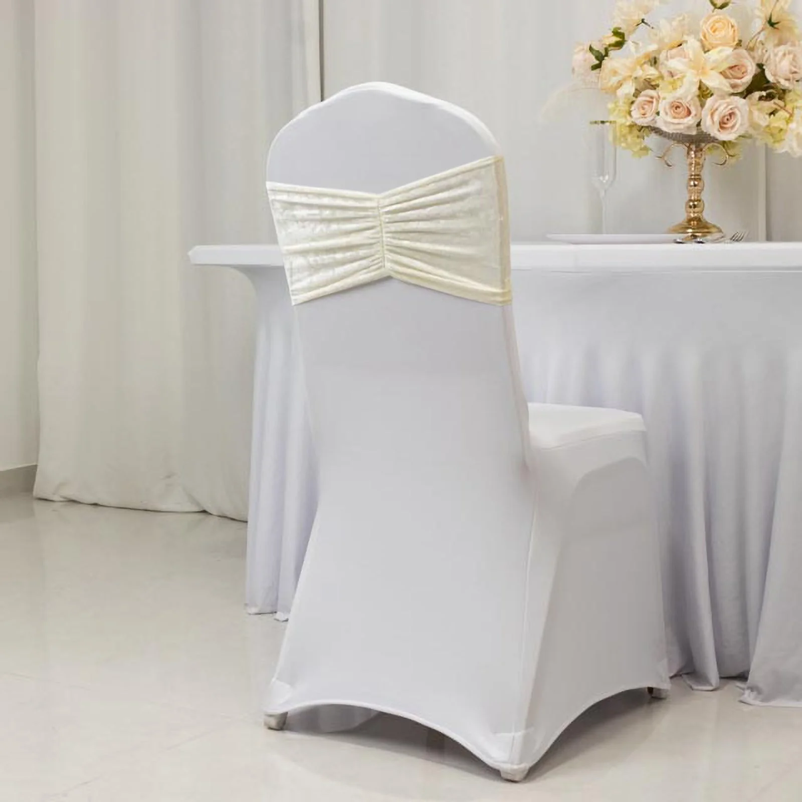 5 Pack Crushed Velvet Chair Sashes Ivory, Wide Ruffle Style Textured Decorative Chair Bands - 8"x15" - Image 2