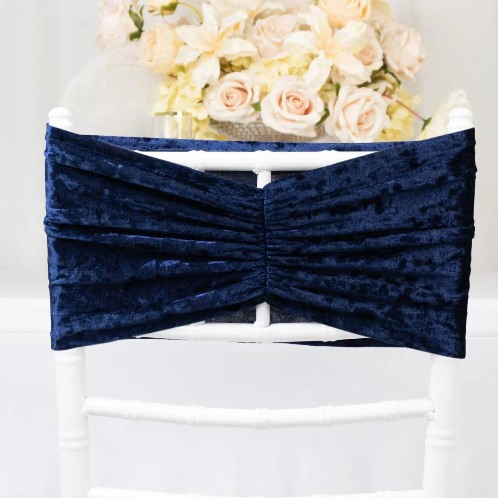 5 Pack Crushed Velvet Chair Sashes Navy Blue, Wide Ruffle Style Textured Decorative Chair Bands - 8"x15"