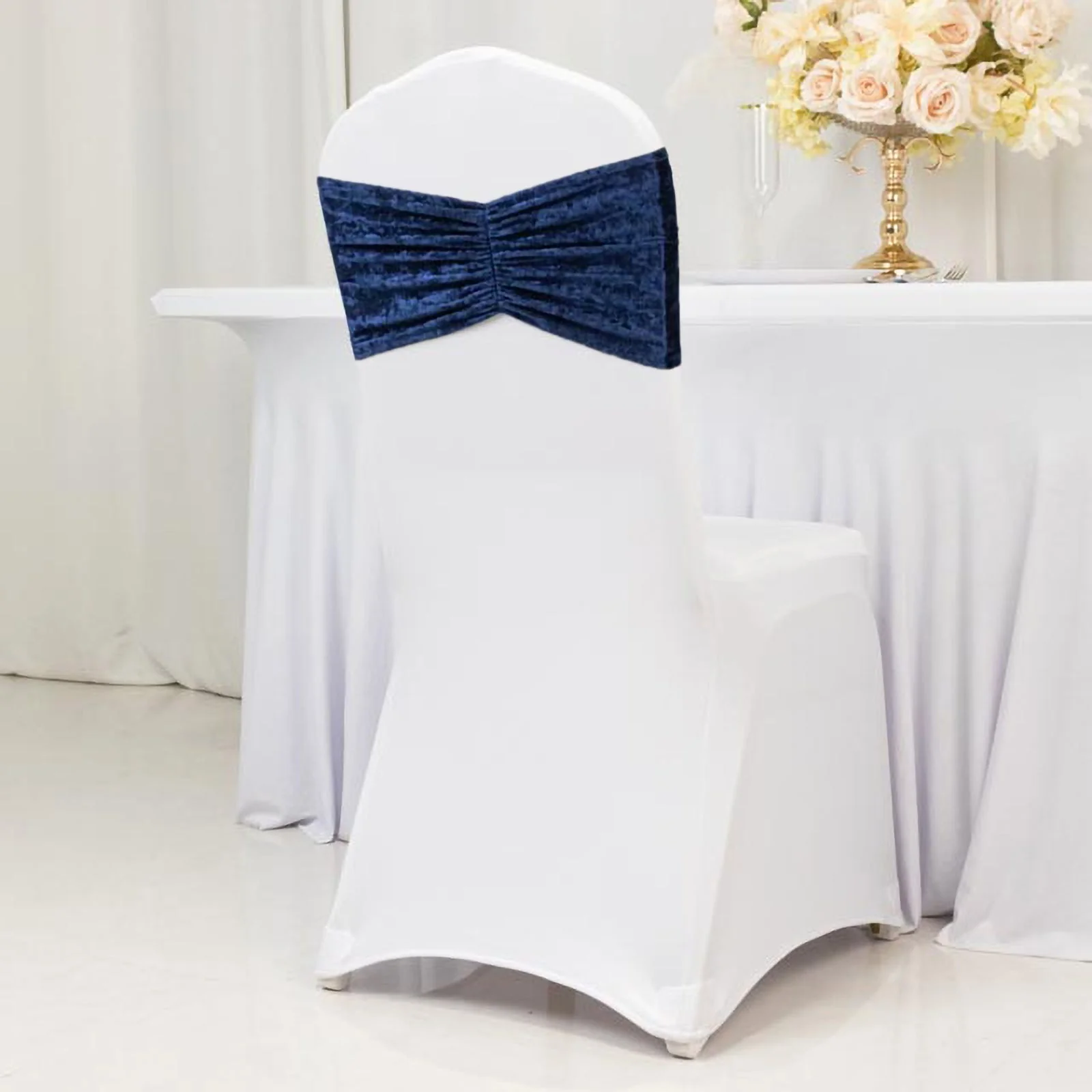 5 Pack Crushed Velvet Chair Sashes Navy Blue, Wide Ruffle Style Textured Decorative Chair Bands - 8"x15" - Image 2