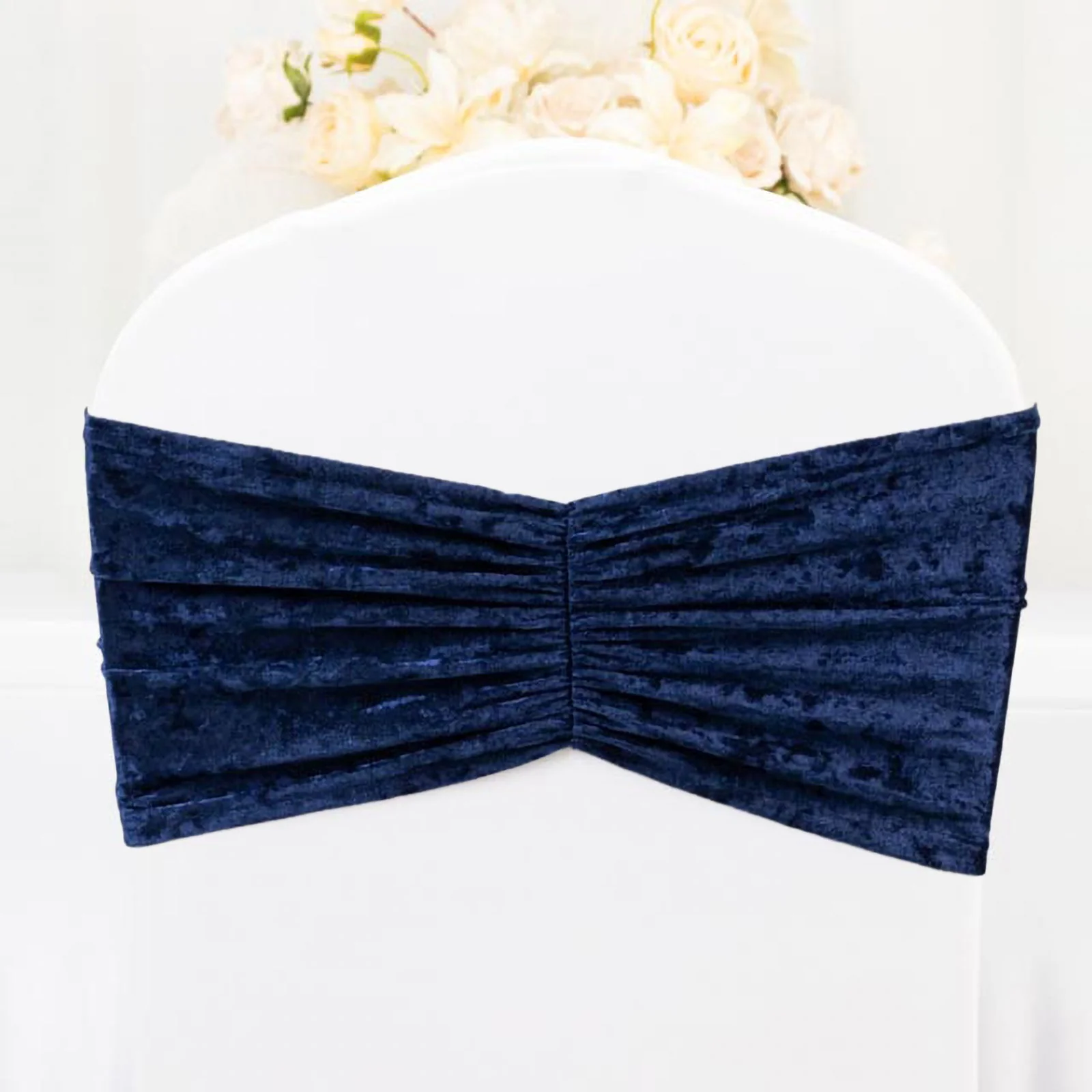 5 Pack Crushed Velvet Chair Sashes Navy Blue, Wide Ruffle Style Textured Decorative Chair Bands - 8"x15" - Image 9