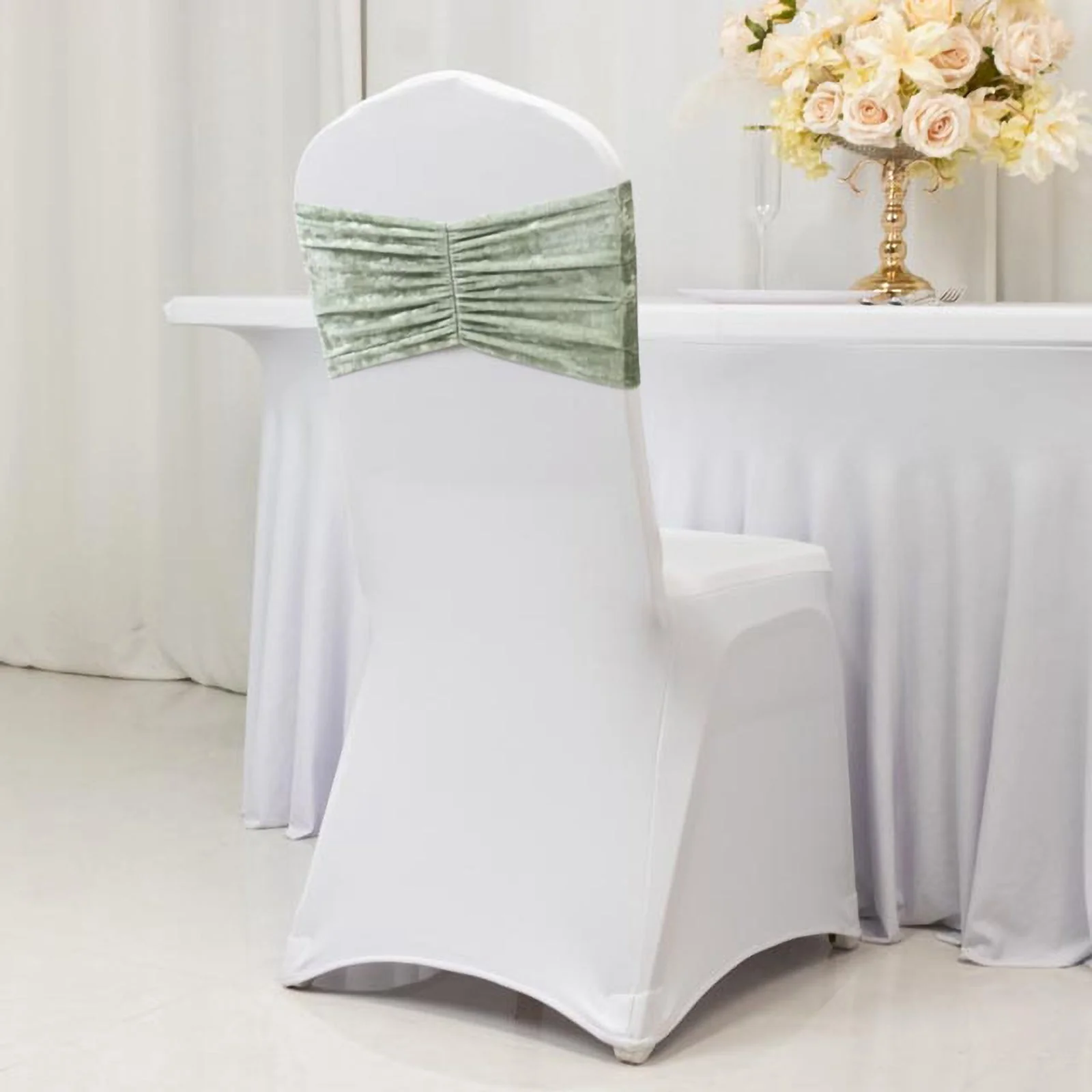 5 Pack Crushed Velvet Chair Sashes Sage Green, Wide Ruffle Style Textured Decorative Chair Bands - 8"x15" - Image 2