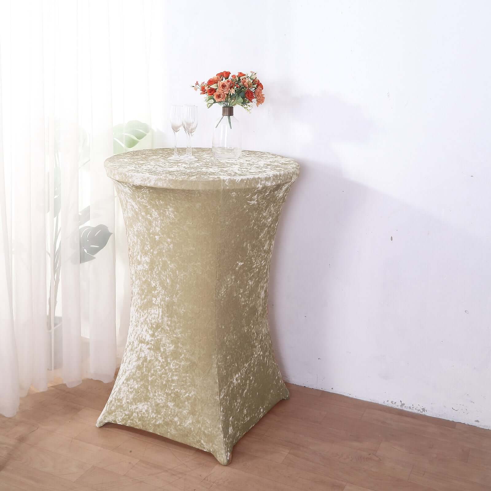 Crushed Velvet Spandex Round Cocktail Table Cover 30" Beige - Smooth Fitted Highboy Tablecloth for Receptions & Functions - Image 3