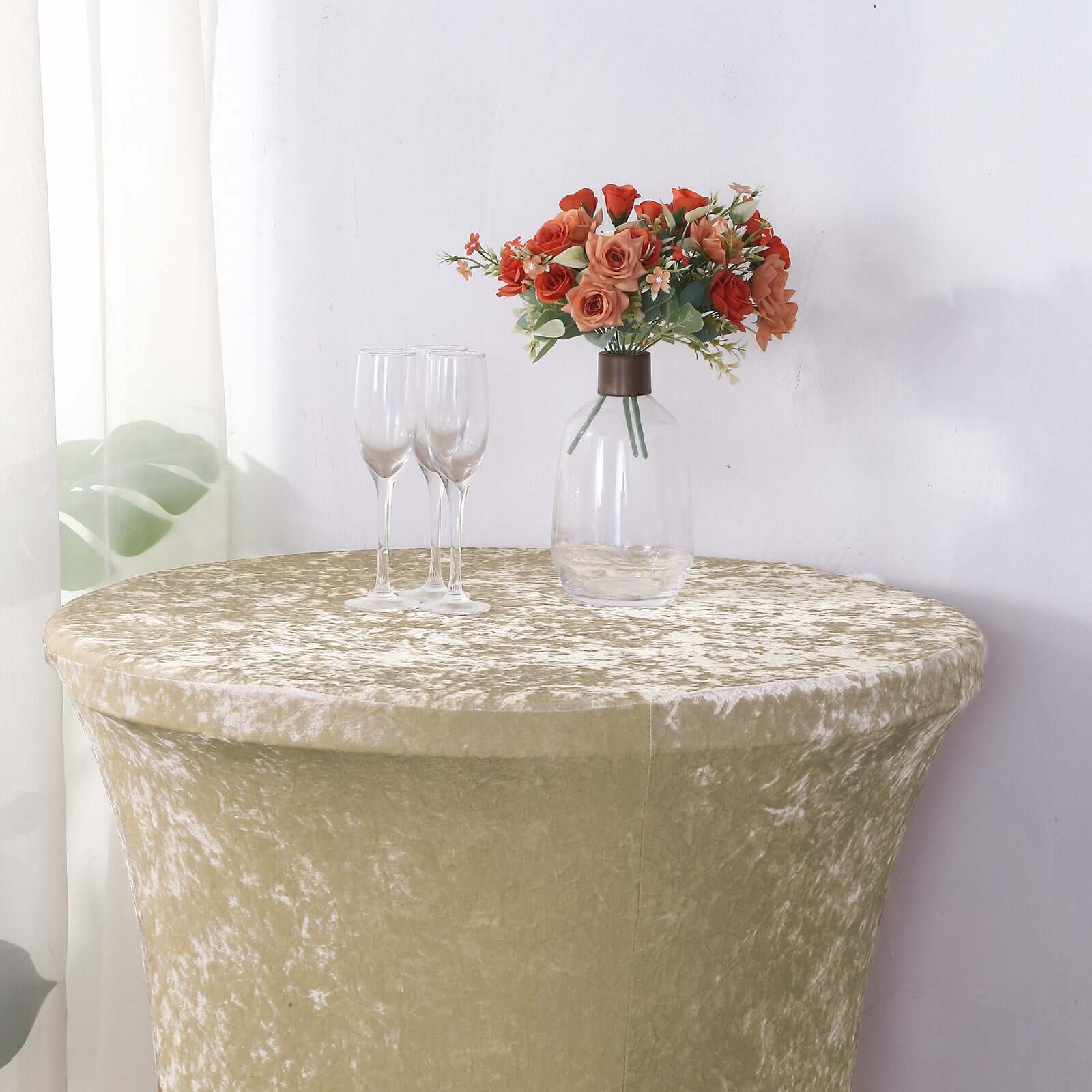 Crushed Velvet Spandex Round Cocktail Table Cover 30" Beige - Smooth Fitted Highboy Tablecloth for Receptions & Functions - Image 6