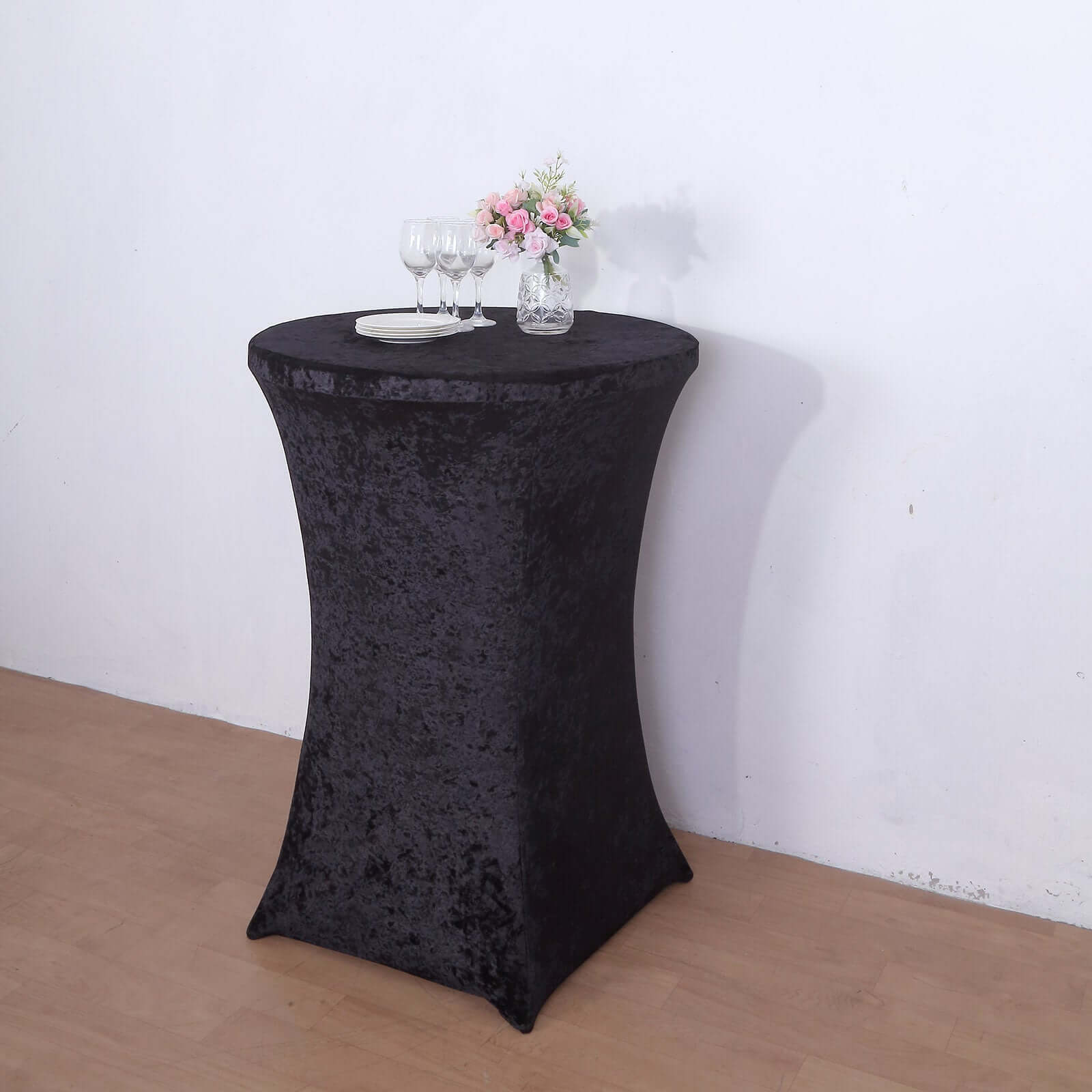 Crushed Velvet Spandex Round Cocktail Table Cover 30" Black - Smooth Fitted Highboy Tablecloth for Receptions & Functions - Image 2