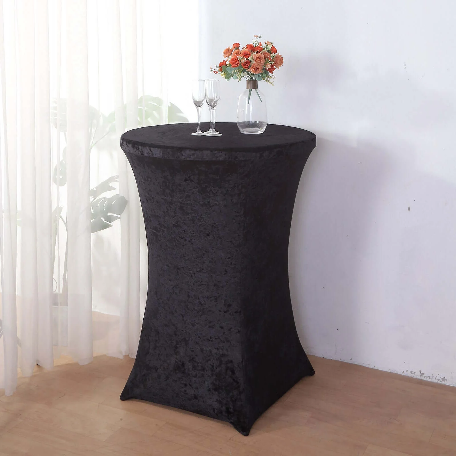 Crushed Velvet Spandex Round Cocktail Table Cover 30" Black - Smooth Fitted Highboy Tablecloth for Receptions & Functions - Image 3