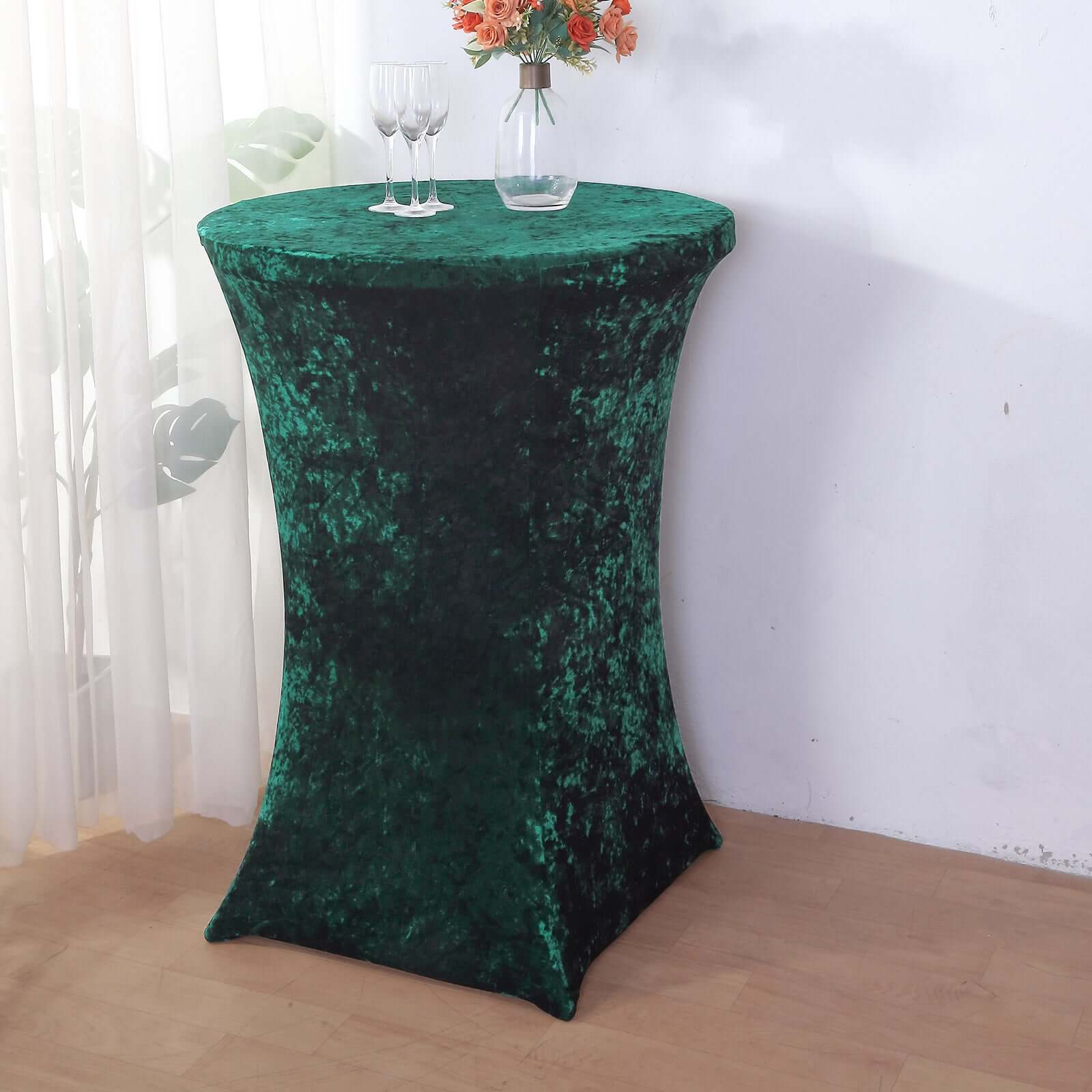 Crushed Velvet Spandex Round Cocktail Table Cover 30" Hunter Emerald Green - Smooth Fitted Highboy Tablecloth for Receptions & Functions - Image 3