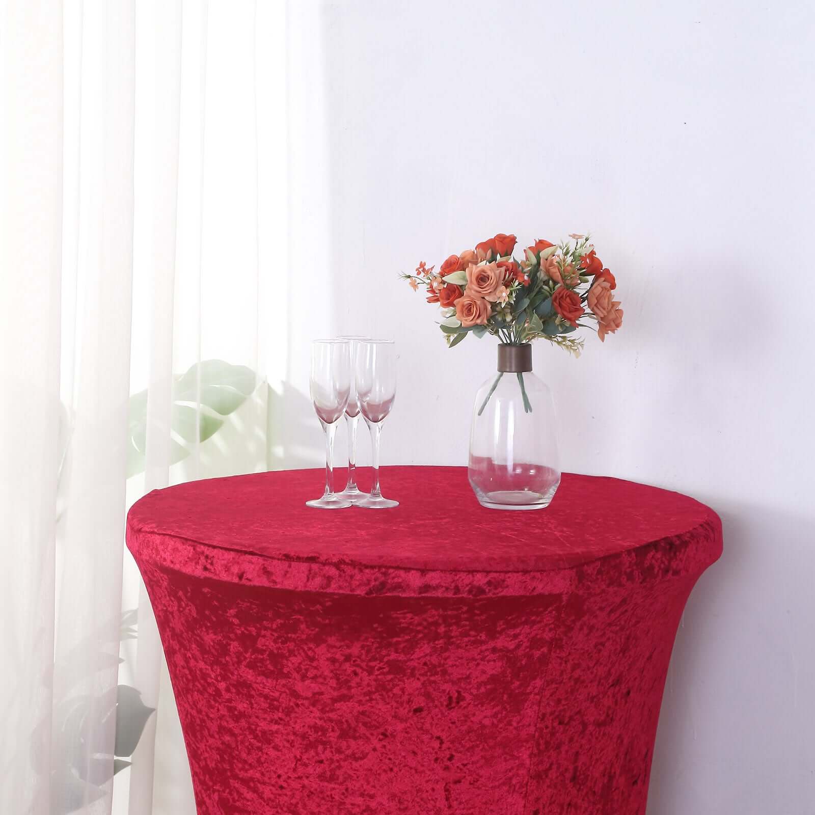 Crushed Velvet Spandex Round Cocktail Table Cover 30" Red - Smooth Fitted Highboy Tablecloth for Receptions & Functions - Image 6