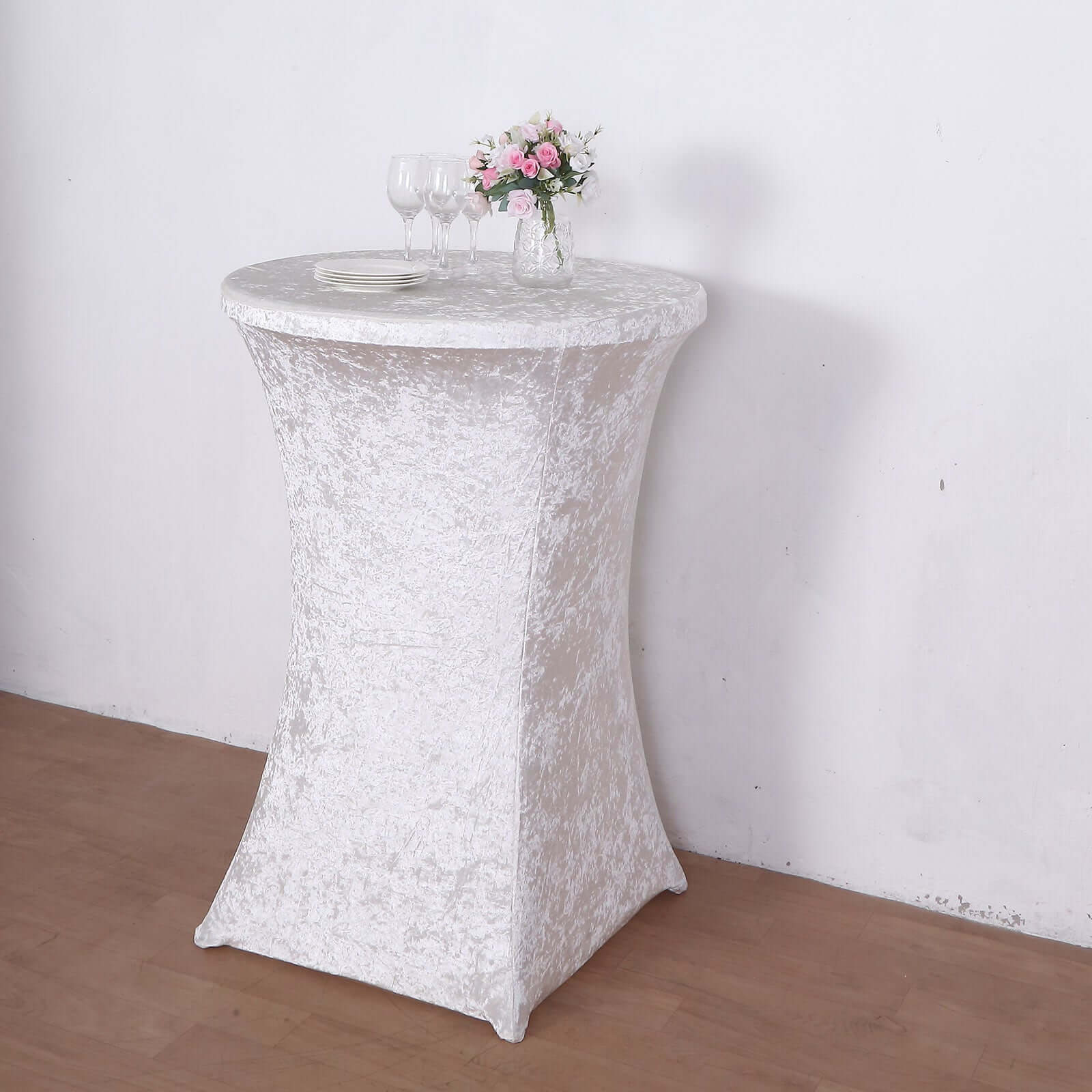 Crushed Velvet Spandex Round Cocktail Table Cover 30" White - Smooth Fitted Highboy Tablecloth for Receptions & Functions - Image 2