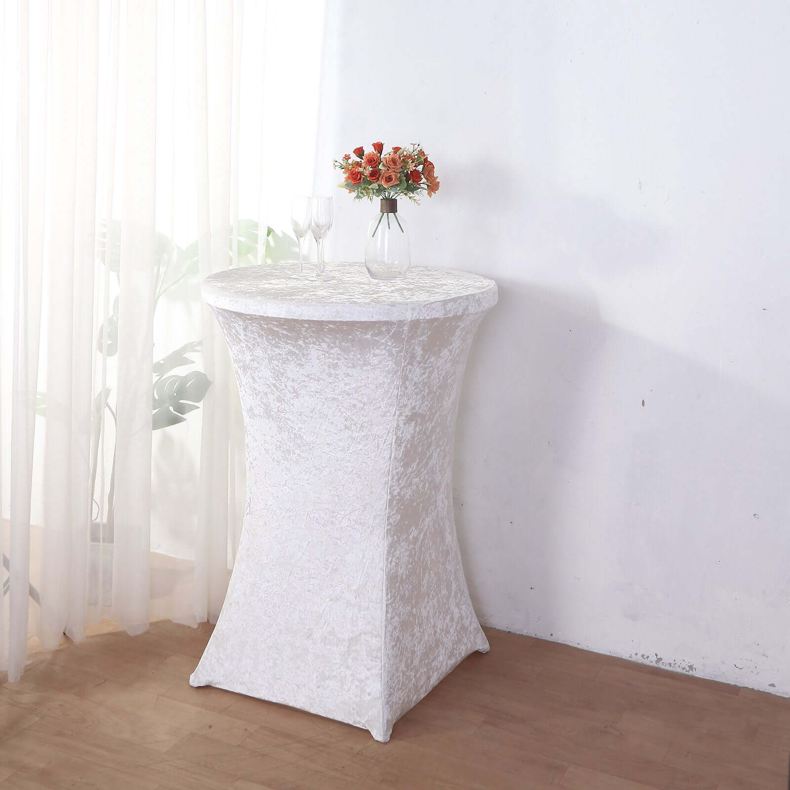 Crushed Velvet Spandex Round Cocktail Table Cover 30" White - Smooth Fitted Highboy Tablecloth for Receptions & Functions - Image 3
