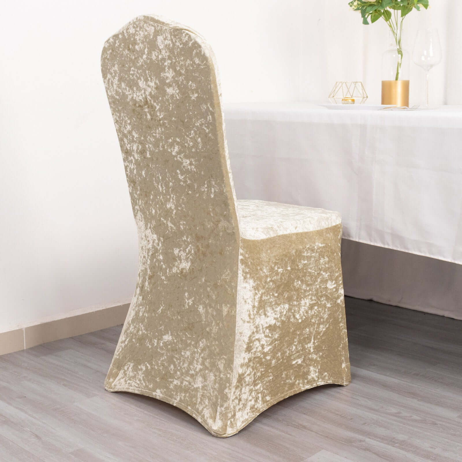 Crushed Velvet Spandex Stretch Banquet Chair Cover 190GSM Beige - Fitted with Foot Pockets - Image 2