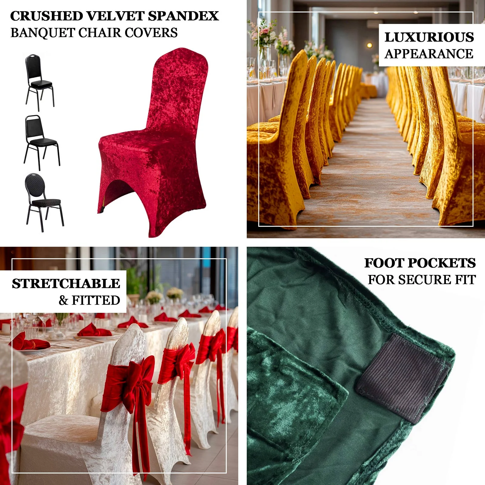 Crushed Velvet Spandex Stretch Banquet Chair Cover 190GSM Champagne - Fitted with Foot Pockets - Image 4