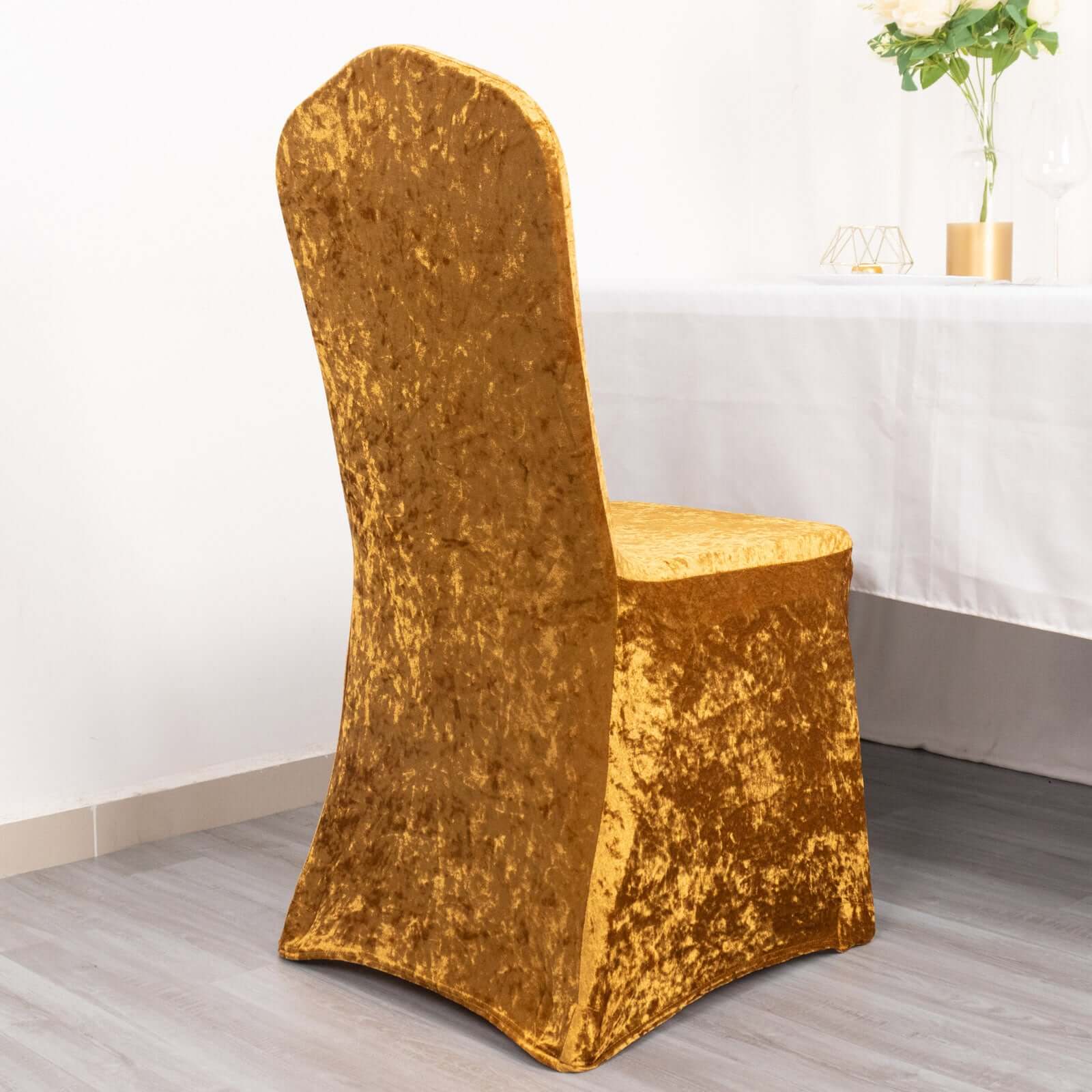 Crushed Velvet Spandex Stretch Banquet Chair Cover 190GSM Gold - Fitted with Foot Pockets - Image 2