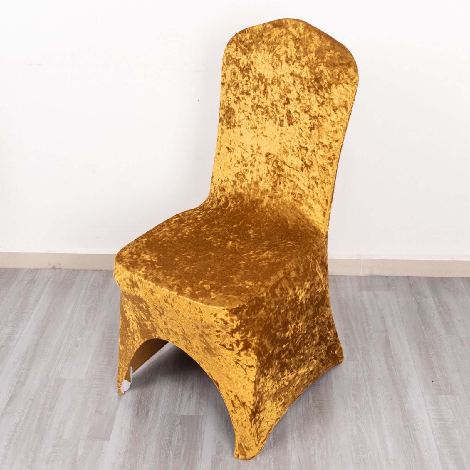 Crushed Velvet Spandex Stretch Banquet Chair Cover 190GSM Gold - Fitted with Foot Pockets - Image 3