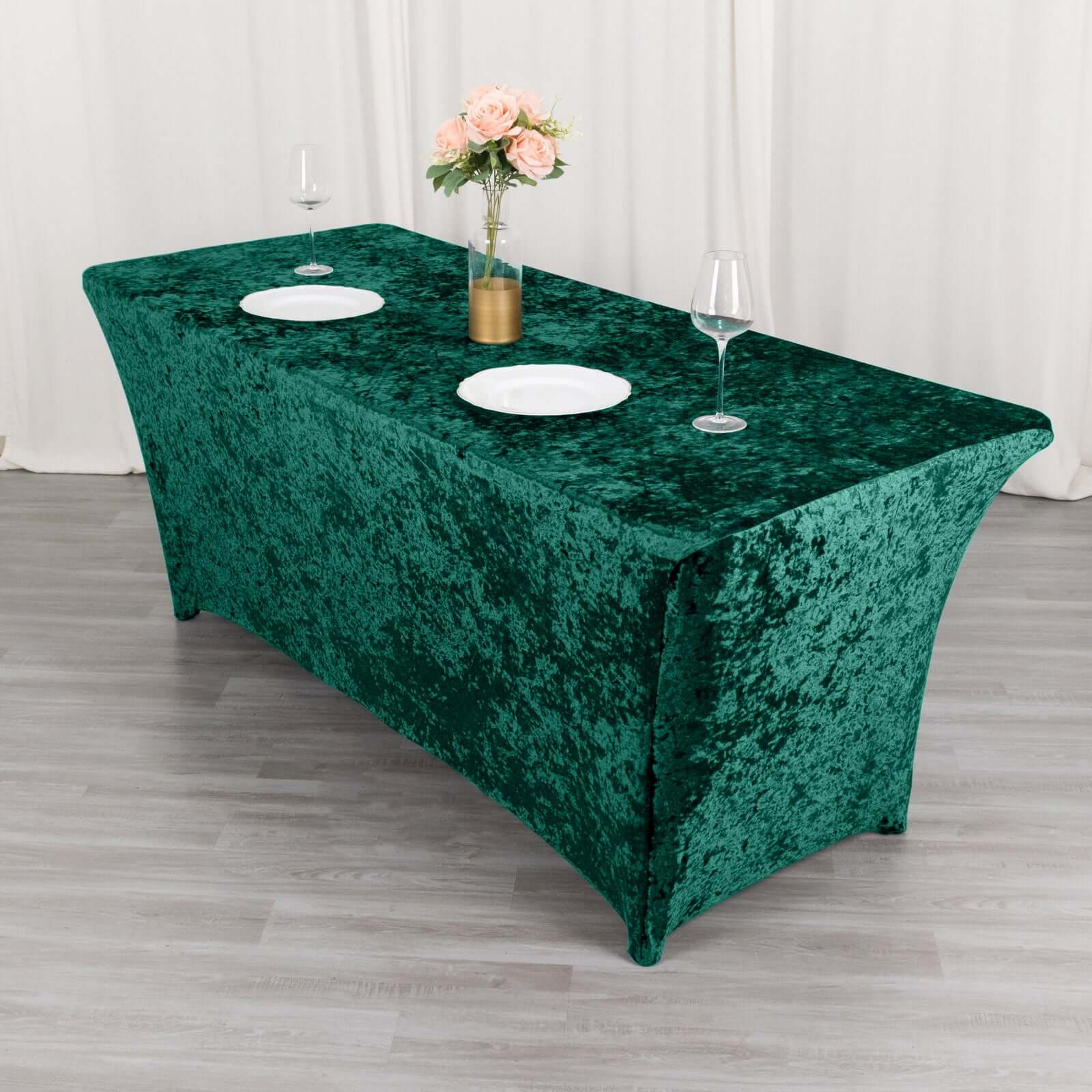 Crushed Velvet Stretch Rectangular Table Cover 6ft Hunter Emerald Green - Wrinkle-Free Tablecloth - Image 3