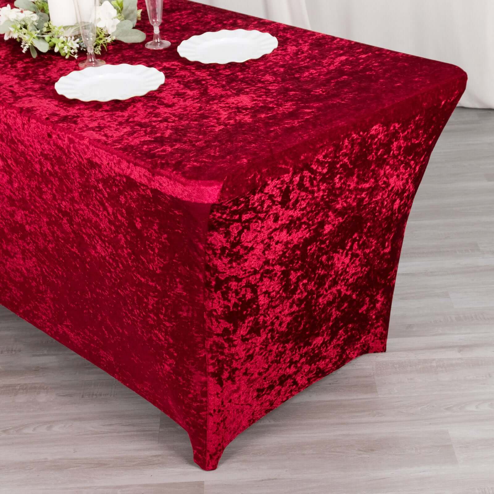 Crushed Velvet Stretch Rectangular Table Cover 6ft Red - Wrinkle-Free Tablecloth - Image 2