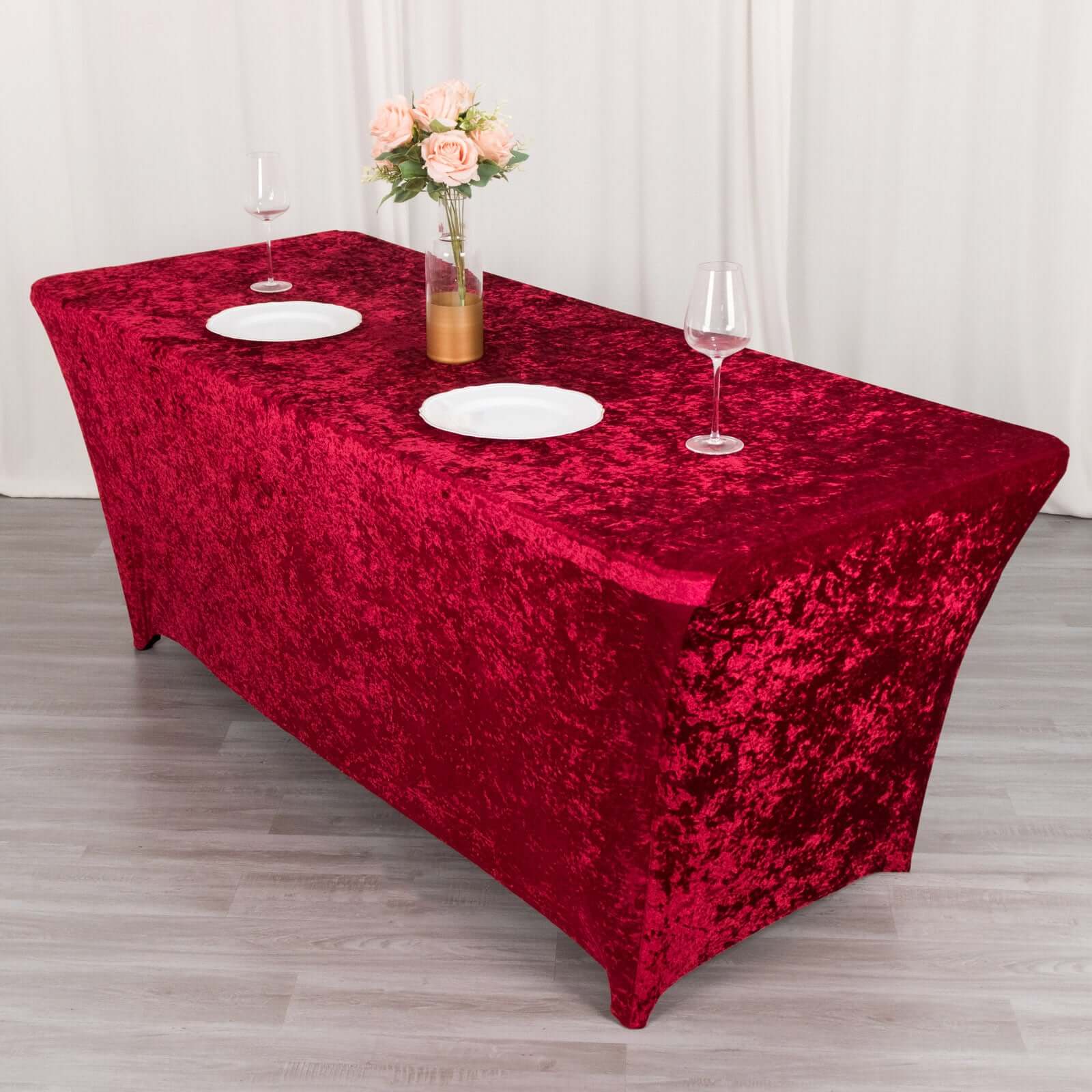 Crushed Velvet Stretch Rectangular Table Cover 6ft Red - Wrinkle-Free Tablecloth - Image 3