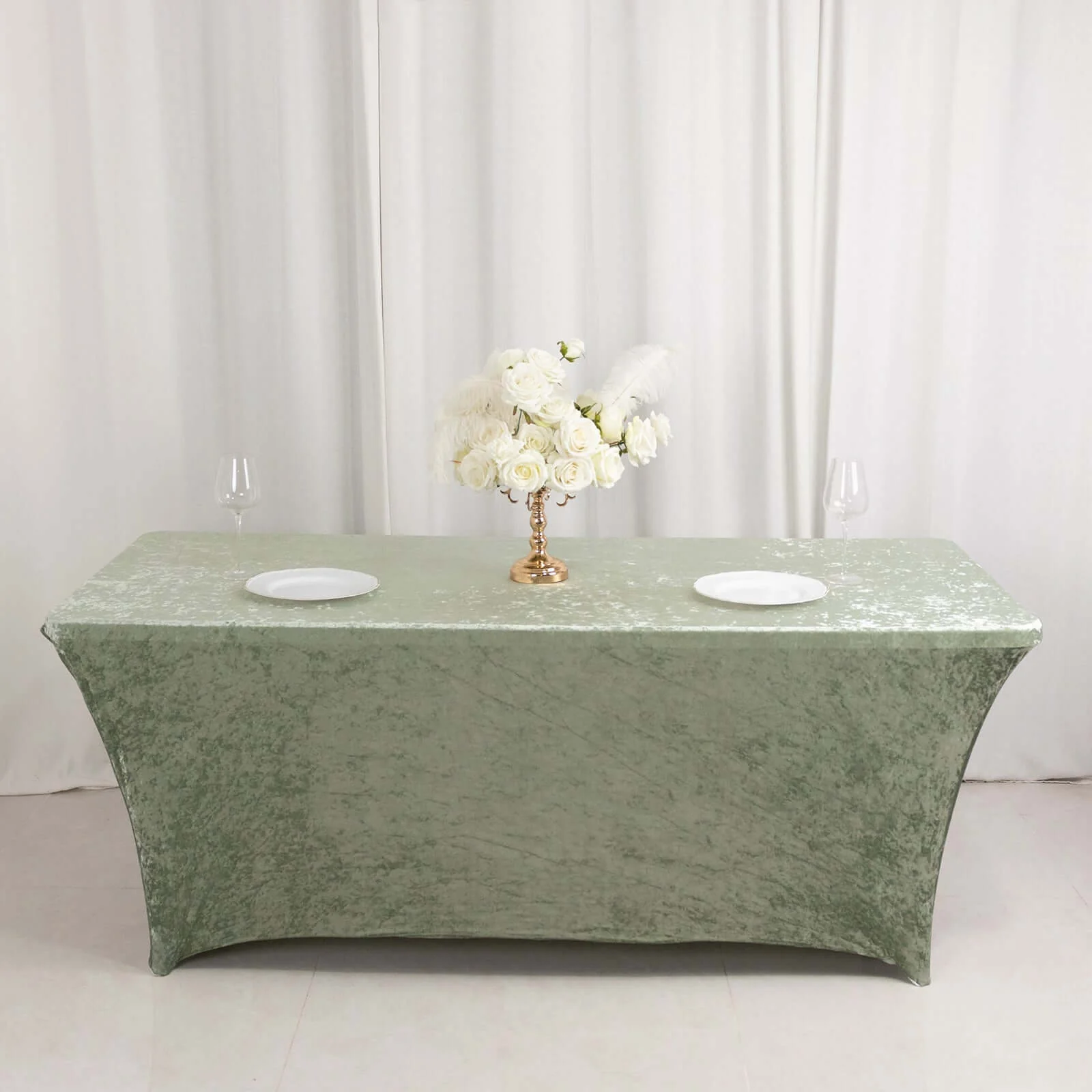 Crushed Velvet Stretch Rectangular Table Cover 6ft Sage Green - Wrinkle-Free Tablecloth