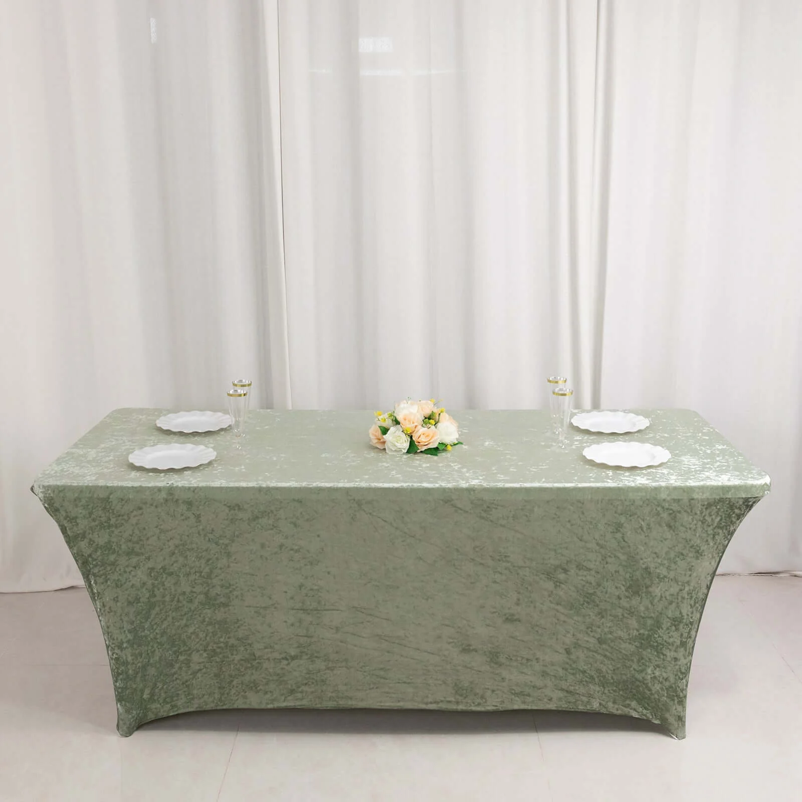 Crushed Velvet Stretch Rectangular Table Cover 6ft Sage Green - Wrinkle-Free Tablecloth - Image 10