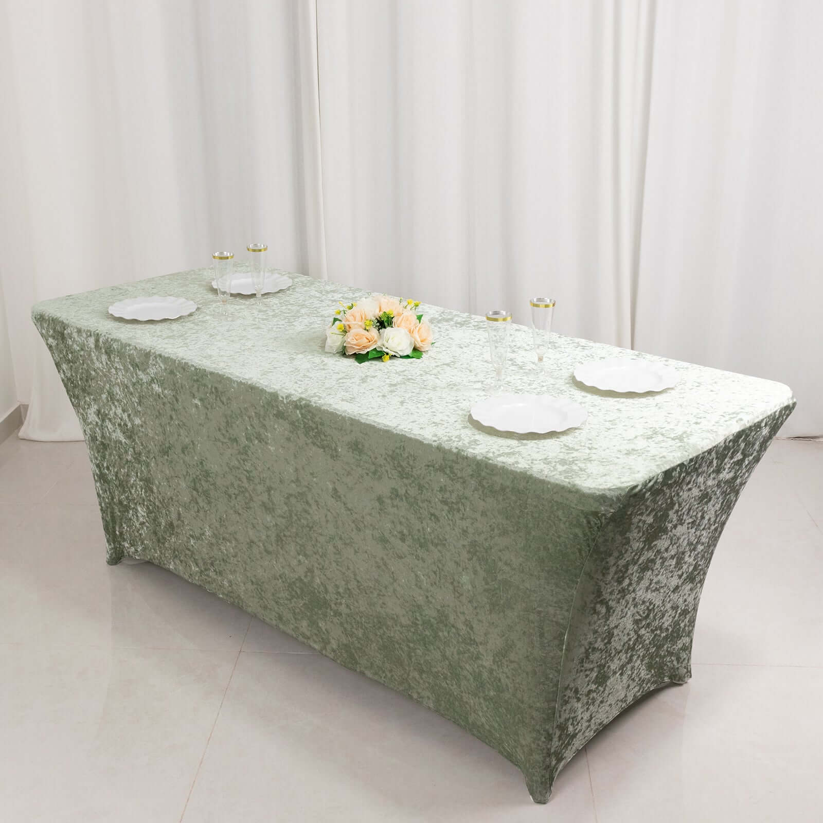 Crushed Velvet Stretch Rectangular Table Cover 6ft Sage Green - Wrinkle-Free Tablecloth - Image 6