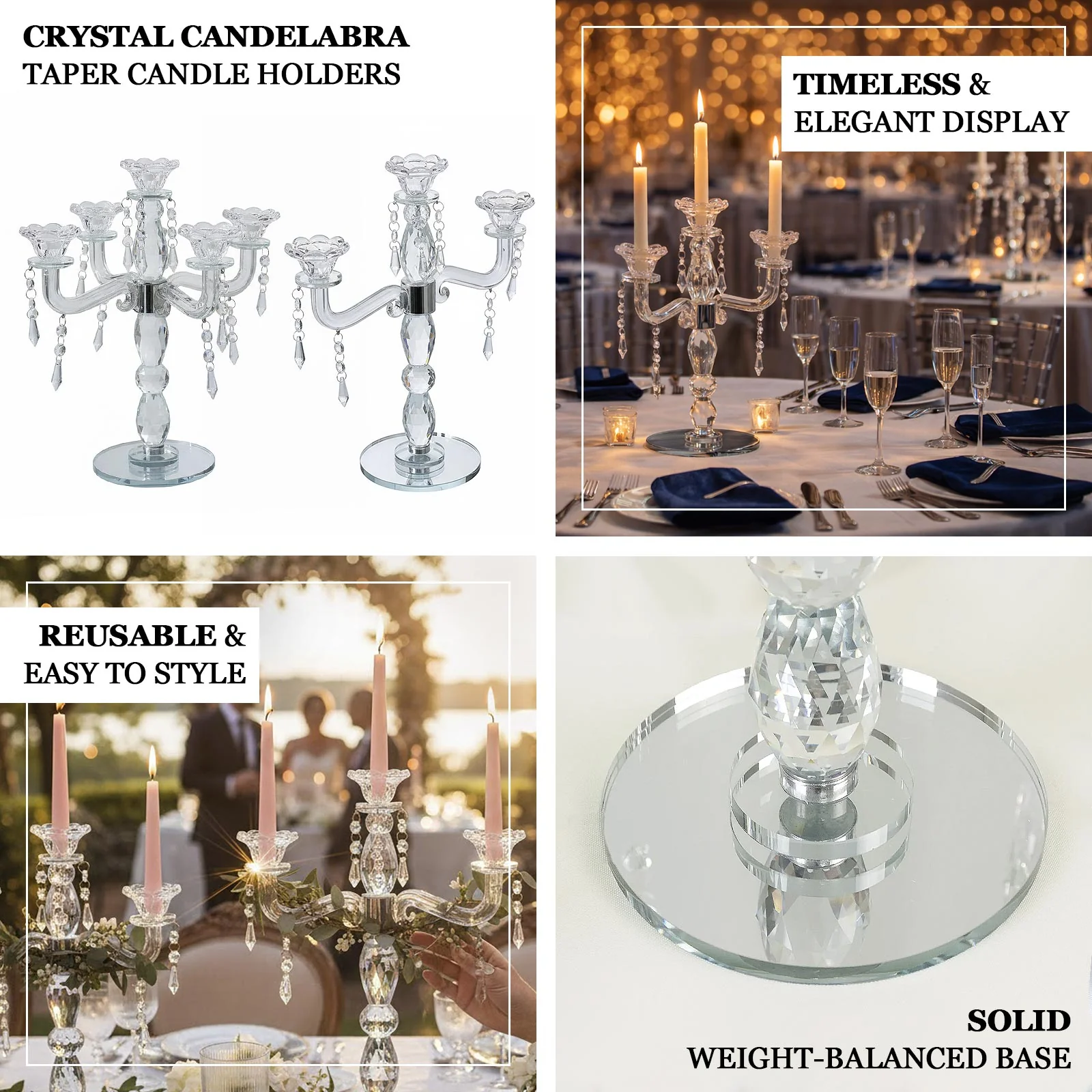Crystal 3-Arm Candelabra Taper Candle Holder with Hanging Prisms & Round Mirror Base – Faceted Cut Glass Design - 14" Tall - Image 3