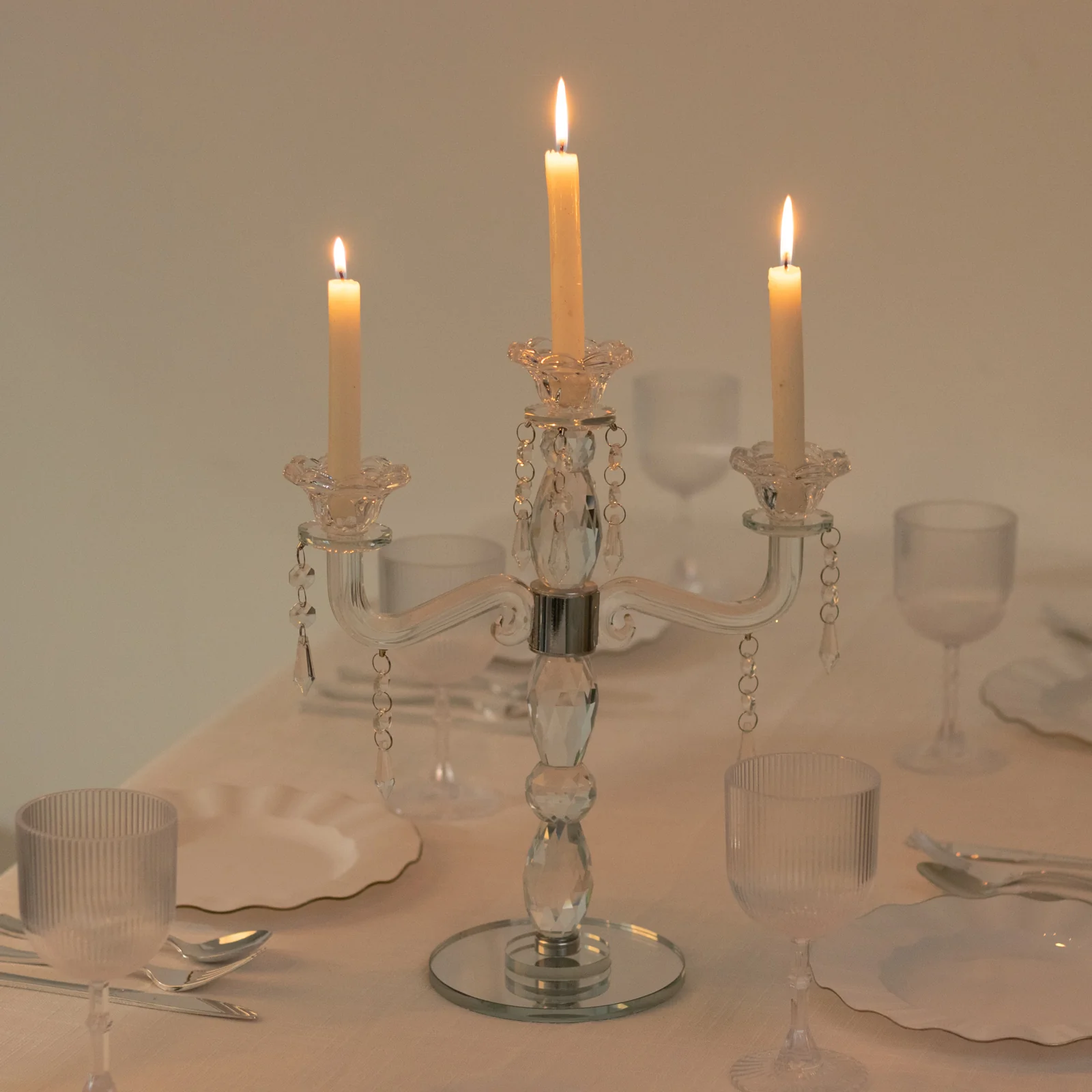 Crystal 3-Arm Candelabra Taper Candle Holder with Hanging Prisms & Round Mirror Base – Faceted Cut Glass Design - 14" Tall - Image 5