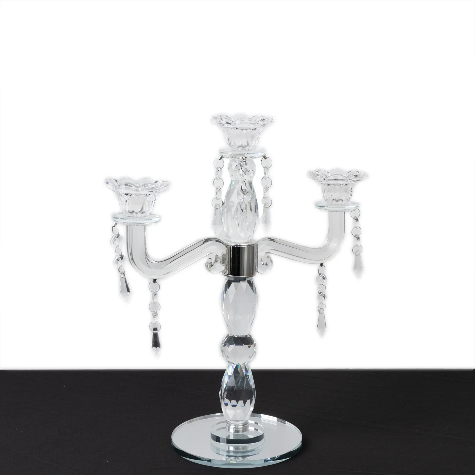Crystal 3-Arm Candelabra Taper Candle Holder with Hanging Prisms & Round Mirror Base – Faceted Cut Glass Design - 14" Tall - Image 7