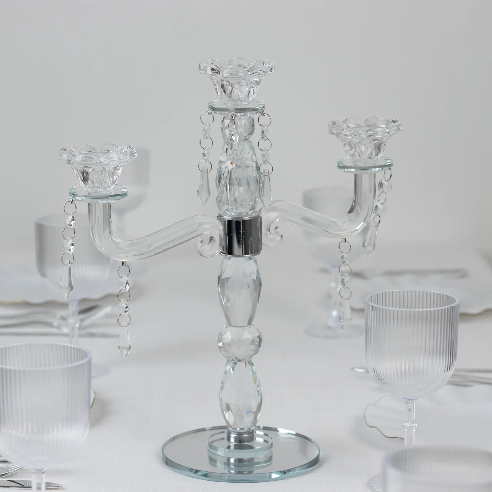 Crystal 3-Arm Candelabra Taper Candle Holder with Hanging Prisms & Round Mirror Base – Faceted Cut Glass Design - 14" Tall - Image 8