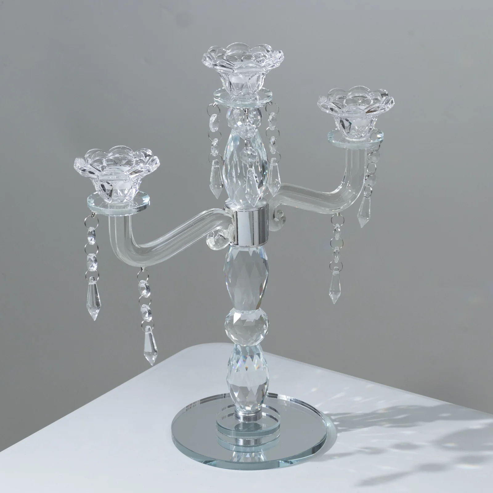 Crystal 3-Arm Candelabra Taper Candle Holder with Hanging Prisms & Round Mirror Base – Faceted Cut Glass Design - 14" Tall - Image 9