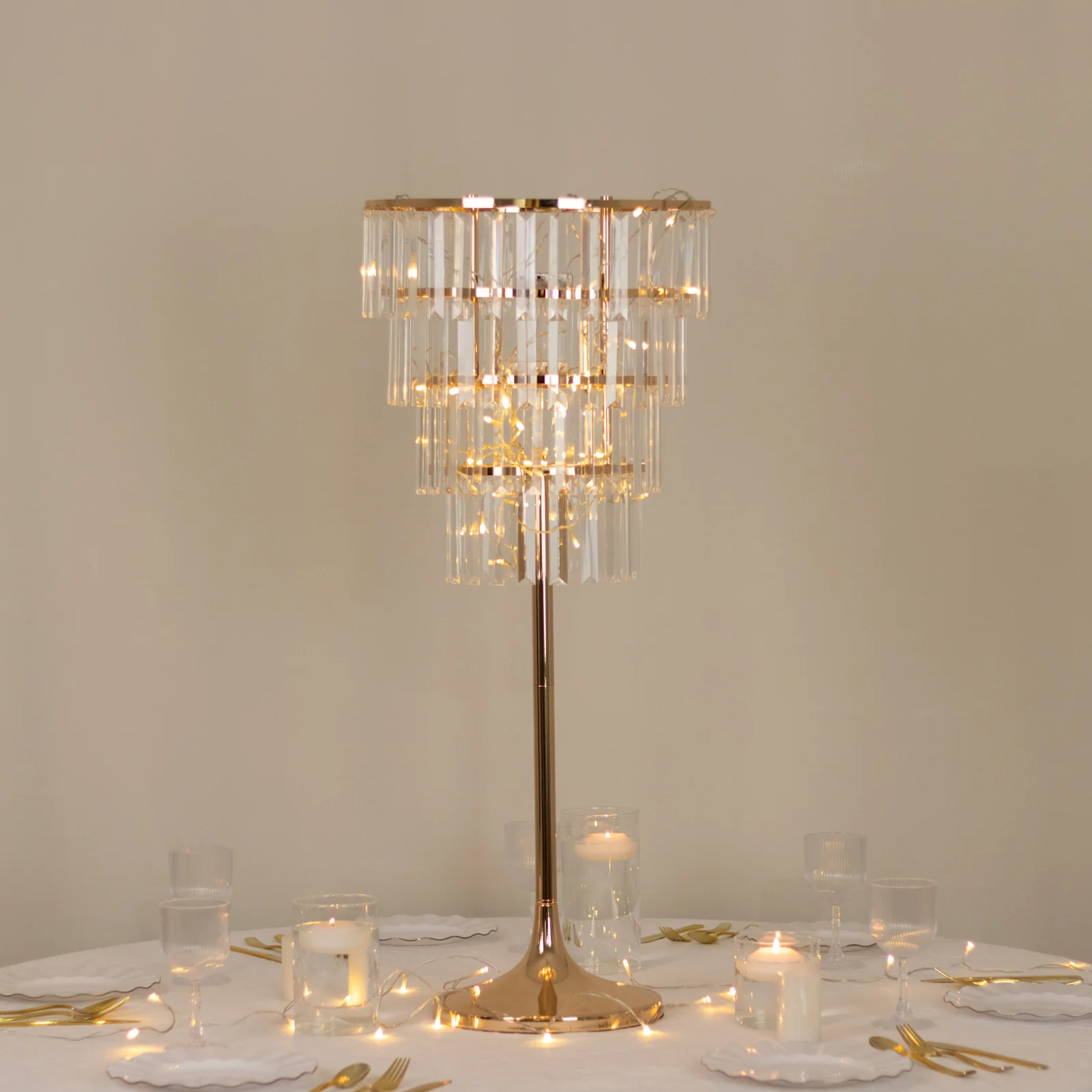 Crystal Pendant 4-Tier Table Centerpiece Chandelier – 38" Gold Metal Flower Stand with Round Frame & Base, Hanging Crystals