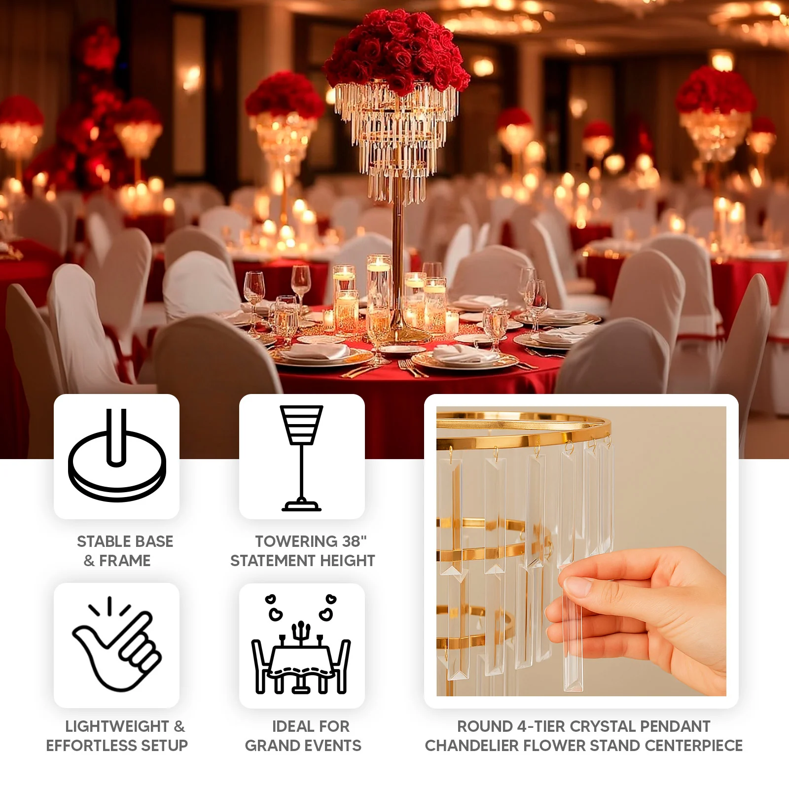 Crystal Pendant 4-Tier Table Centerpiece Chandelier – 38" Gold Metal Flower Stand with Round Frame & Base, Hanging Crystals - Image 4