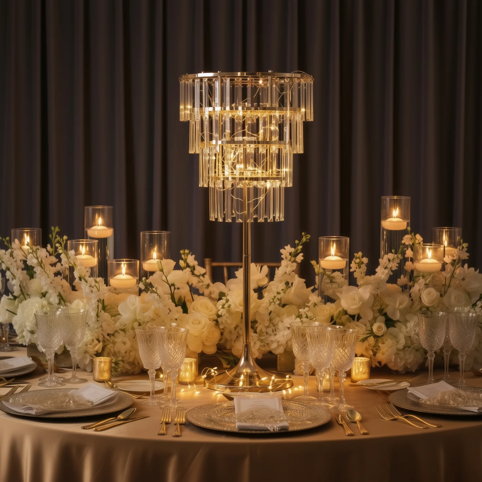 Crystal Pendant 4-Tier Table Centerpiece Chandelier – 38" Gold Metal Flower Stand with Round Frame & Base, Hanging Crystals - Image 6