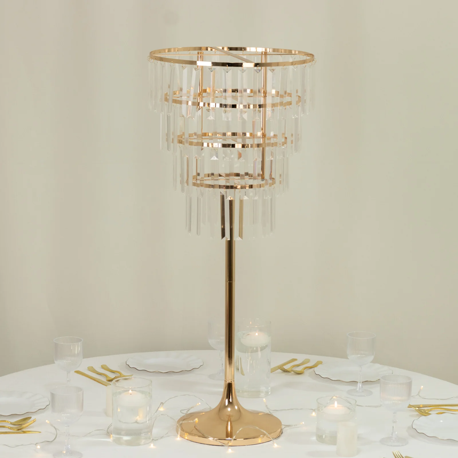 Crystal Pendant 4-Tier Table Centerpiece Chandelier – 38" Gold Metal Flower Stand with Round Frame & Base, Hanging Crystals - Image 7