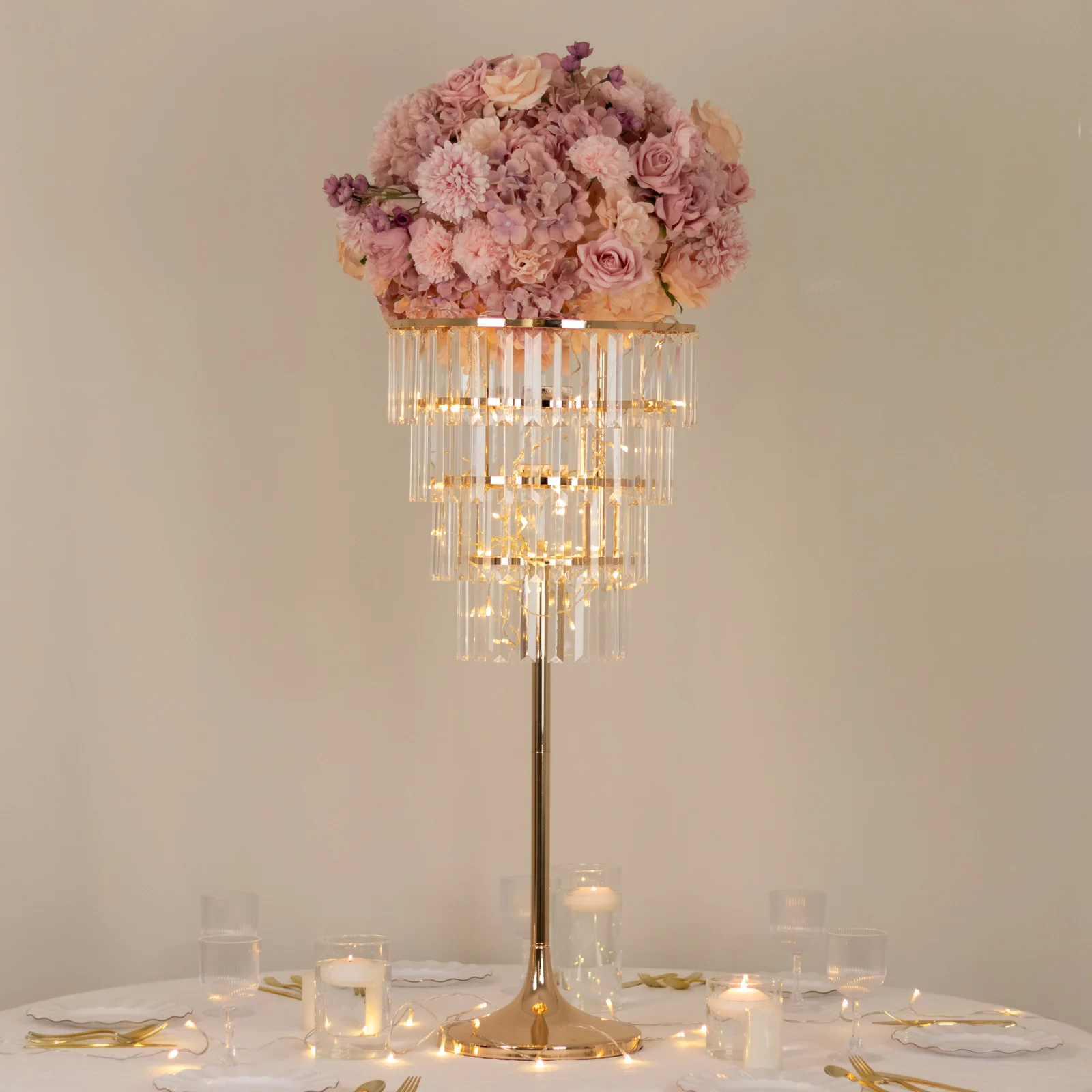 Crystal Pendant 4-Tier Table Centerpiece Chandelier – 38" Gold Metal Flower Stand with Round Frame & Base, Hanging Crystals - Image 8