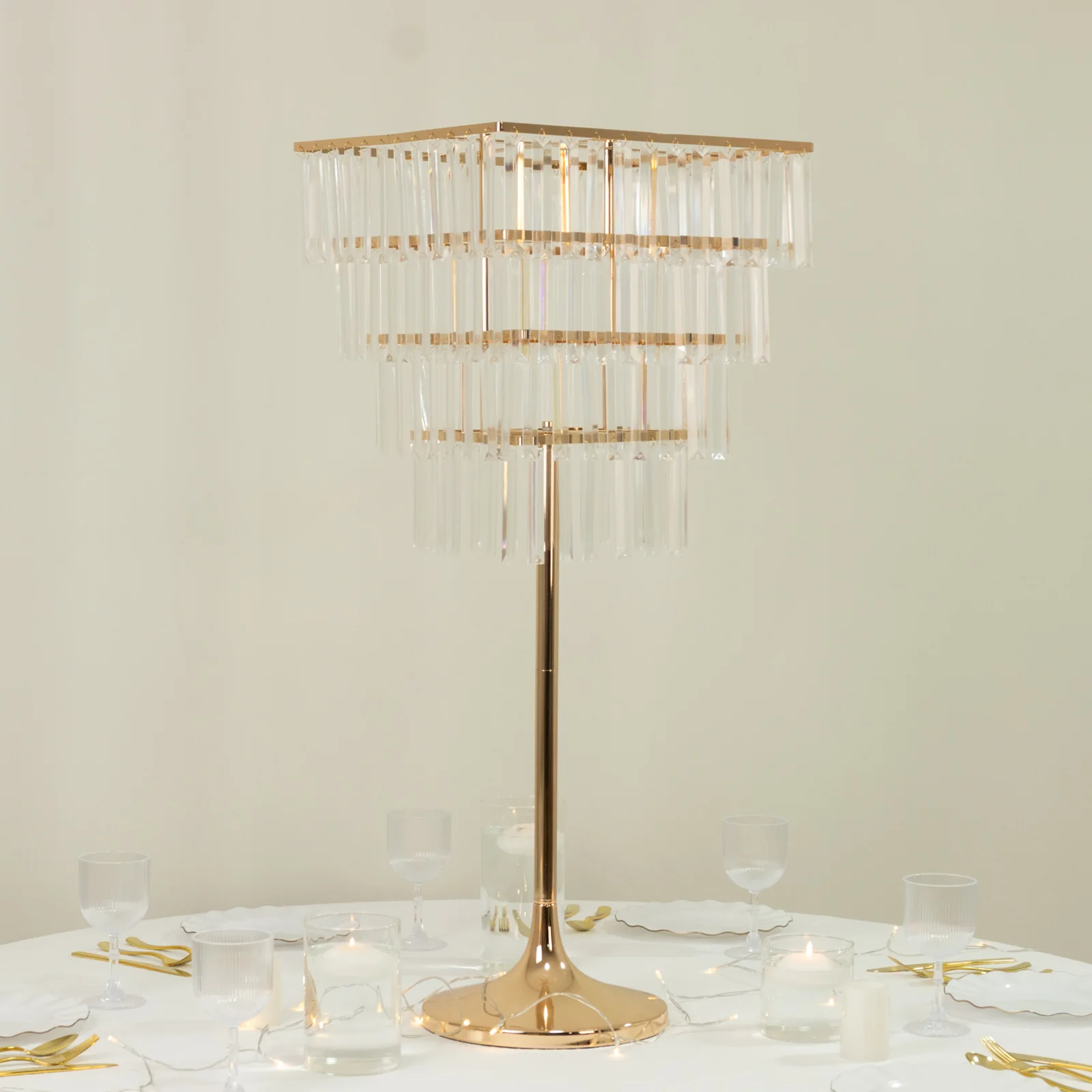 Crystal Pendant 4-Tier Table Centerpiece Chandelier – 38" Gold Metal Flower Stand with Square Frame, Round Base & Hanging Crystals - Image 7