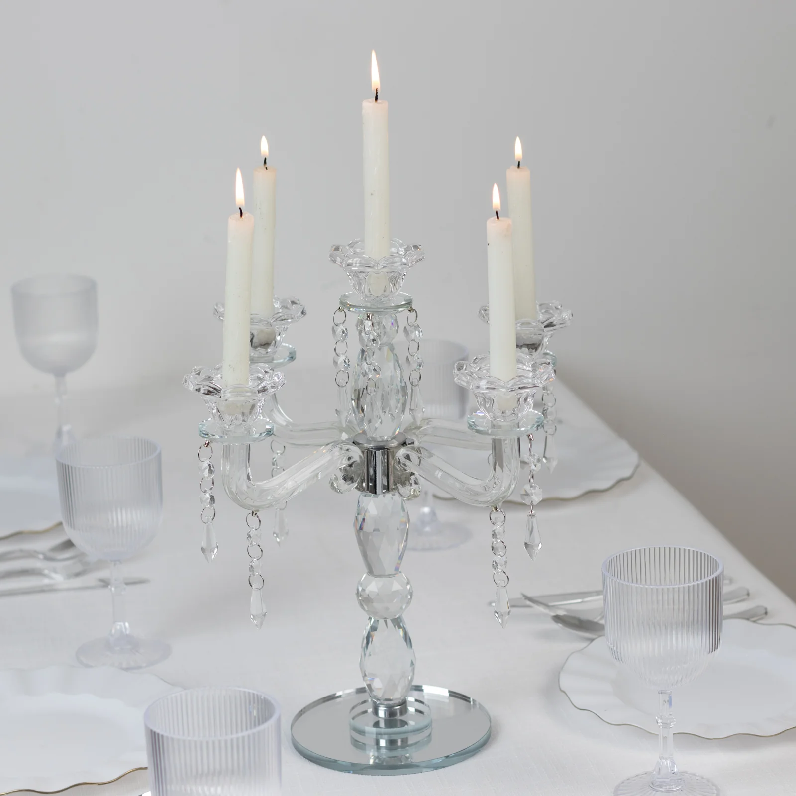 Crystal 5-Arm Candelabra Taper Candle Holder with Hanging Prisms & Round Mirror Base – Faceted Cut Glass Design - 14" Tall