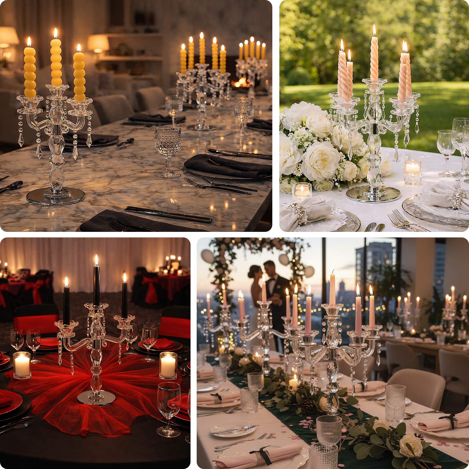 Crystal 5-Arm Candelabra Taper Candle Holder with Hanging Prisms & Round Mirror Base – Faceted Cut Glass Design - 14" Tall - Image 4
