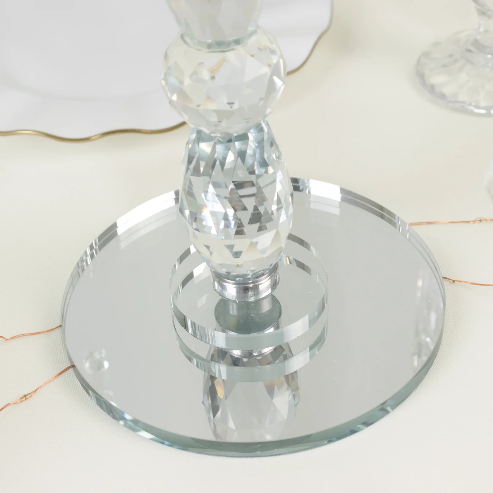Crystal 5-Arm Candelabra Taper Candle Holder with Hanging Prisms & Round Mirror Base – Faceted Cut Glass Design - 14" Tall - Image 5