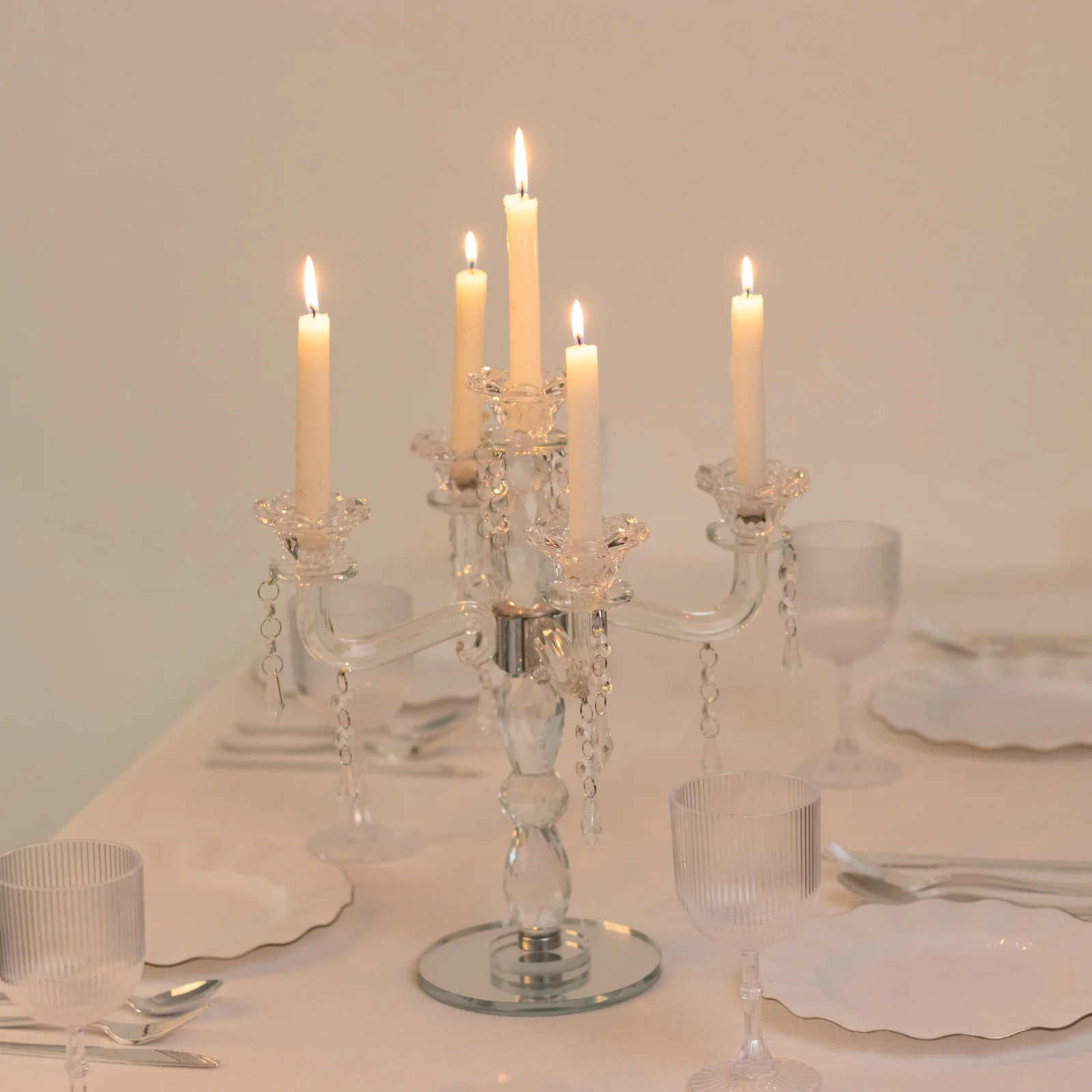Crystal 5-Arm Candelabra Taper Candle Holder with Hanging Prisms & Round Mirror Base – Faceted Cut Glass Design - 14" Tall - Image 8