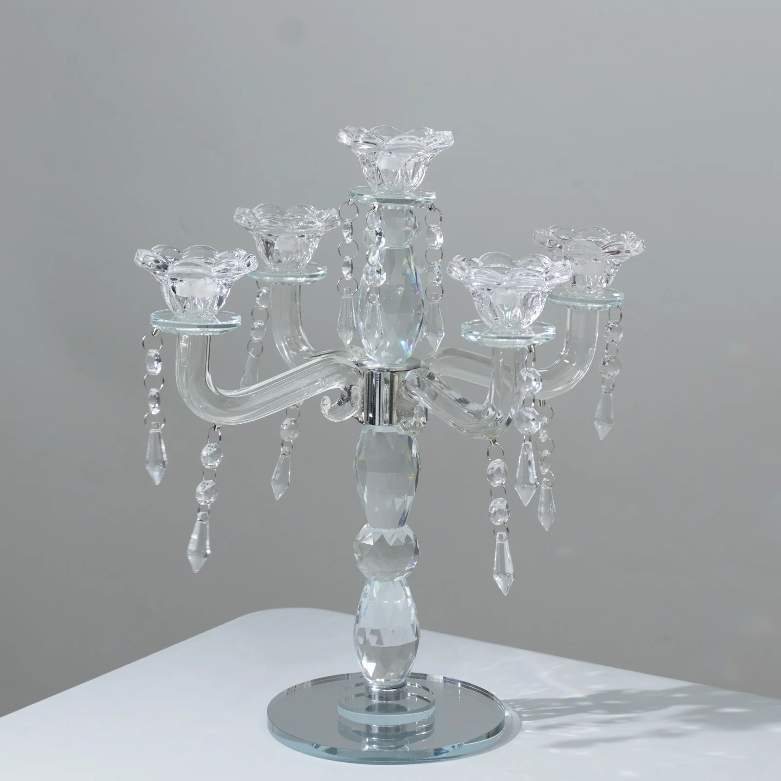 Crystal 5-Arm Candelabra Taper Candle Holder with Hanging Prisms & Round Mirror Base – Faceted Cut Glass Design - 14" Tall - Image 9