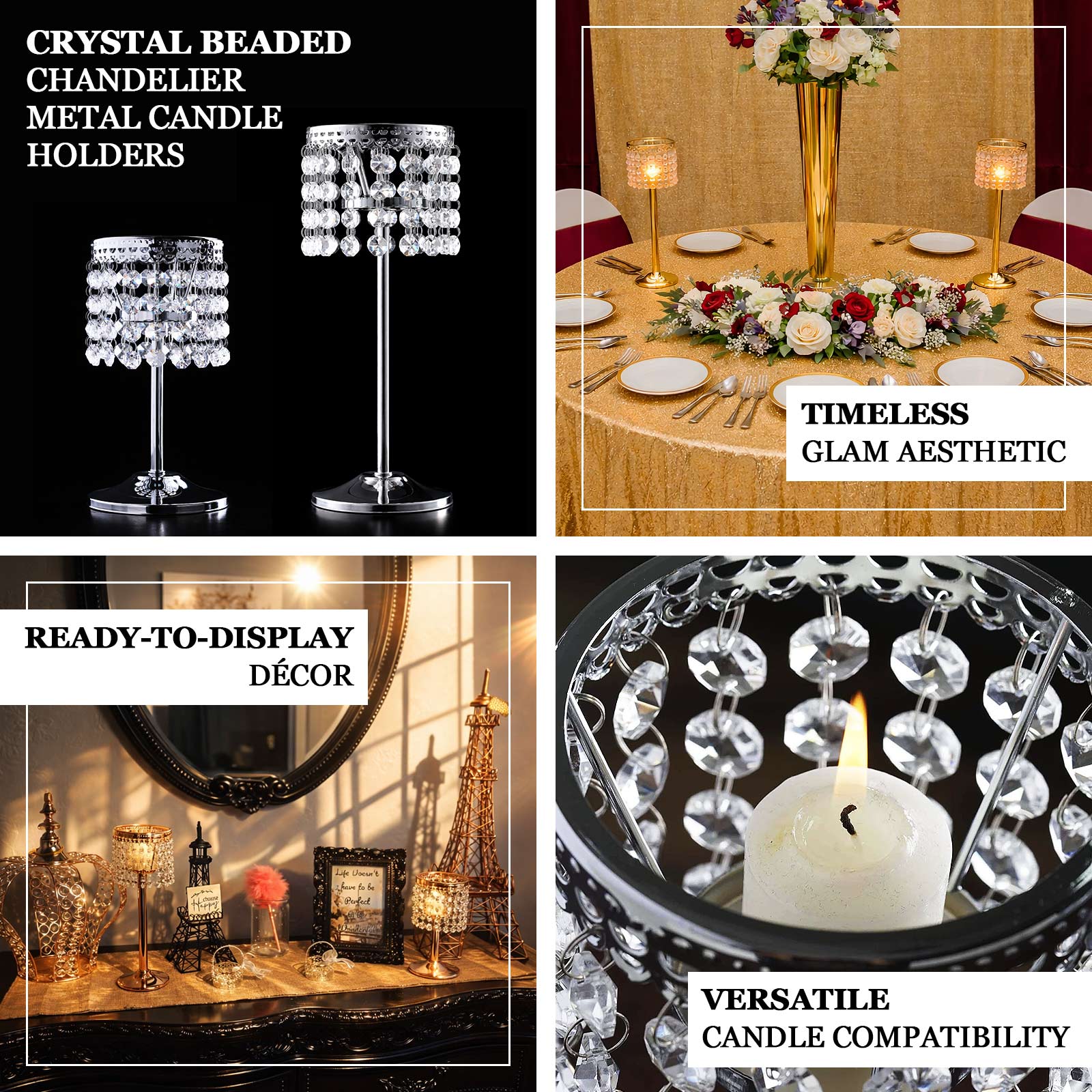 Crystal Beaded Chandelier Candle Holder 8" Silver - Metal Tealight Stand for Glamorous Pillar Candles - Image 4