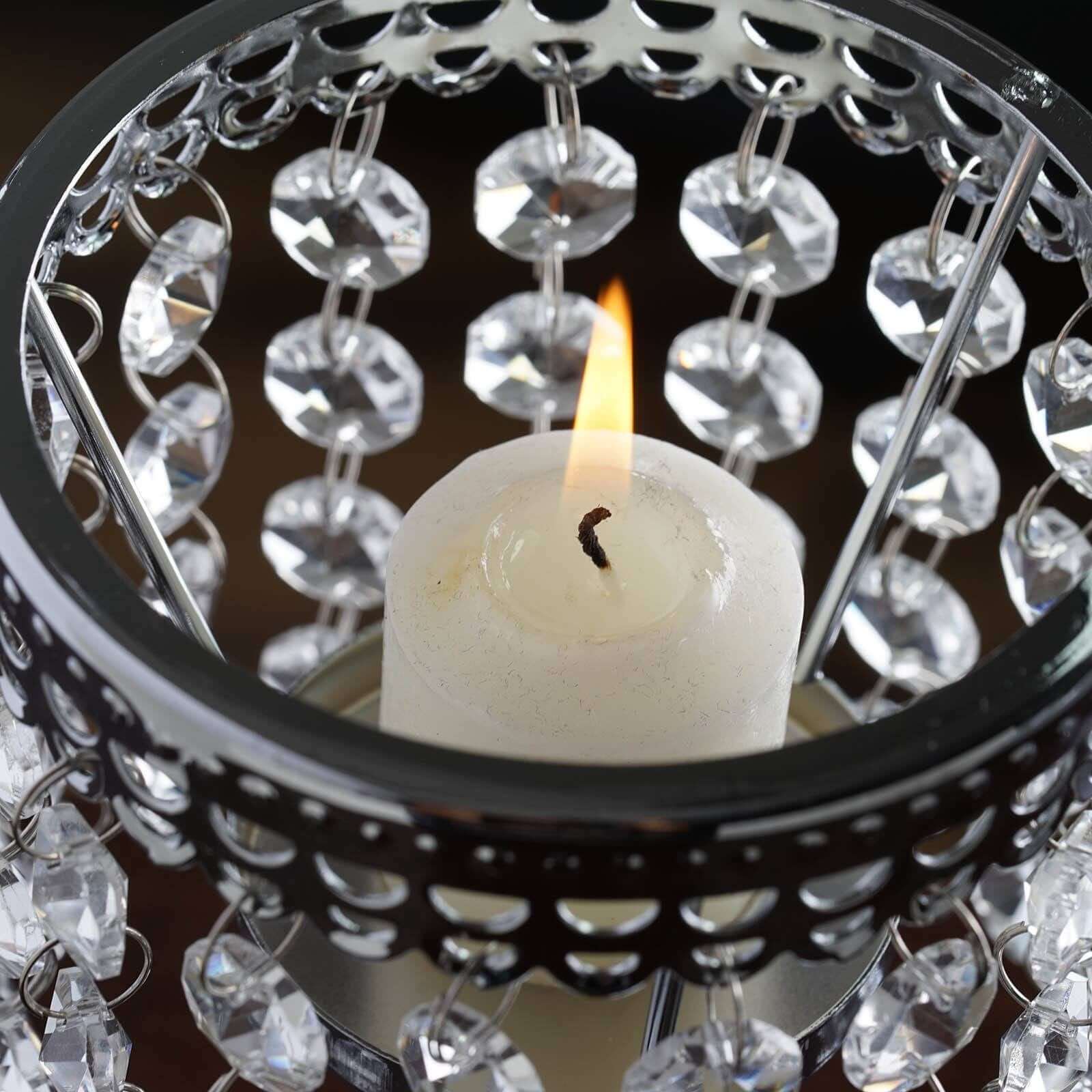 Crystal Beaded Chandelier Candle Holder 8" Silver - Metal Tealight Stand for Glamorous Pillar Candles - Image 7
