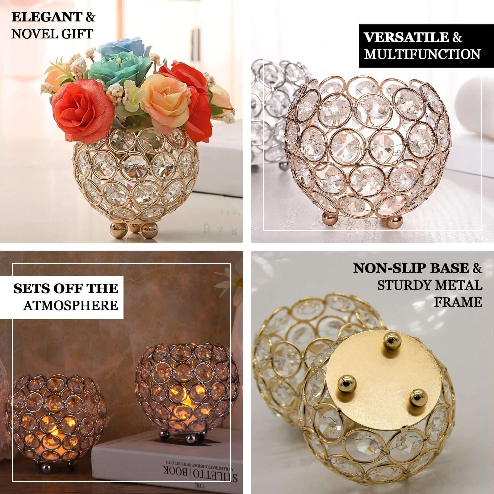Crystal Beaded Metal Votive Tealight Candle Holder 4" Round Gold - Multipurpose Table Vase for Stylish Decor - Image 4