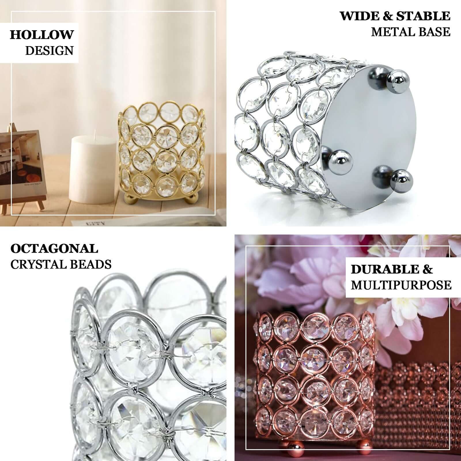 Crystal Beaded Metal Votive Tealight Candle Holder 4" Tall Gold - Versatile Multipurpose Table Vase - Image 4
