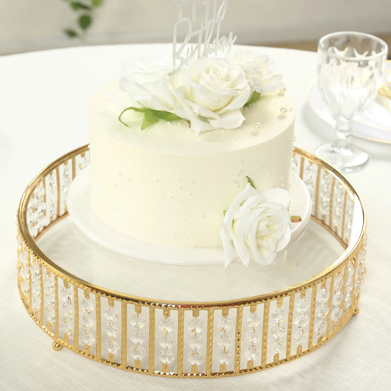 Crystal Cake Stand with Hanging Beads and Glass Top – 14" Round Gold Metal Dessert Display Tray - Image 8